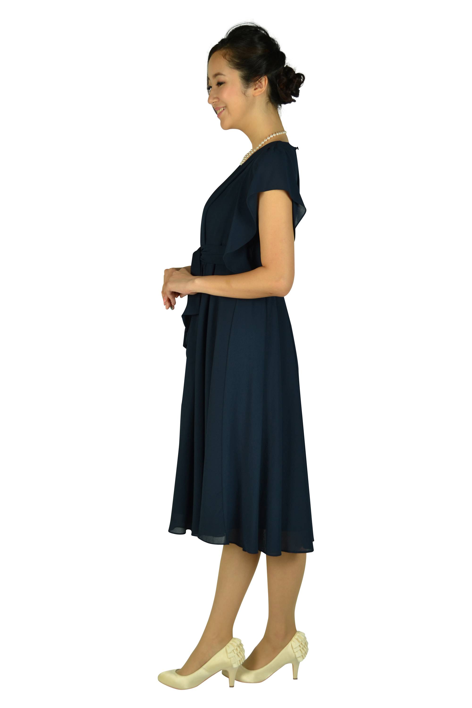 ウエストリボンネイビーミディドレス