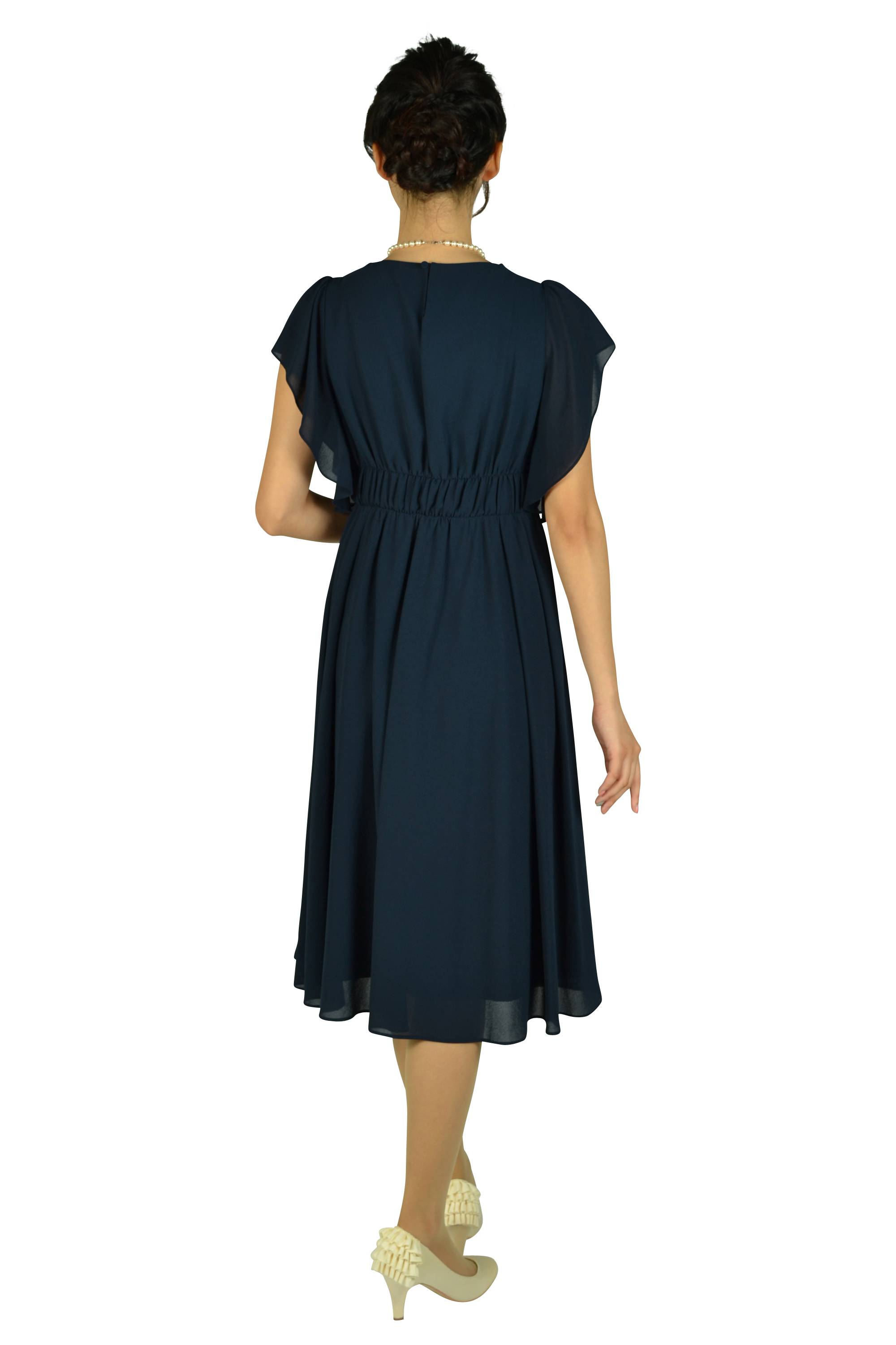 ウエストリボンネイビーミディドレス