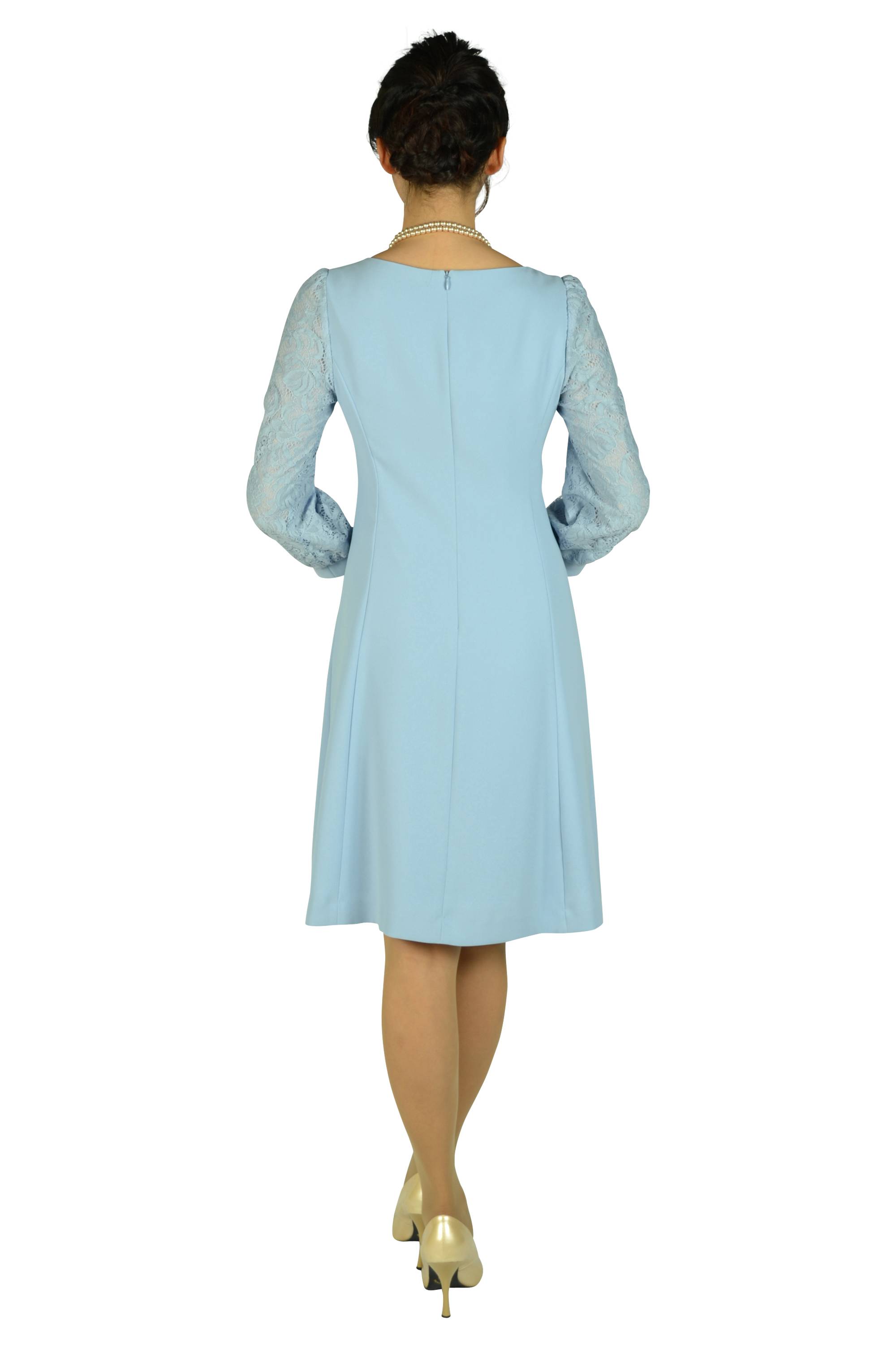 サックスブルーレース袖ドレス