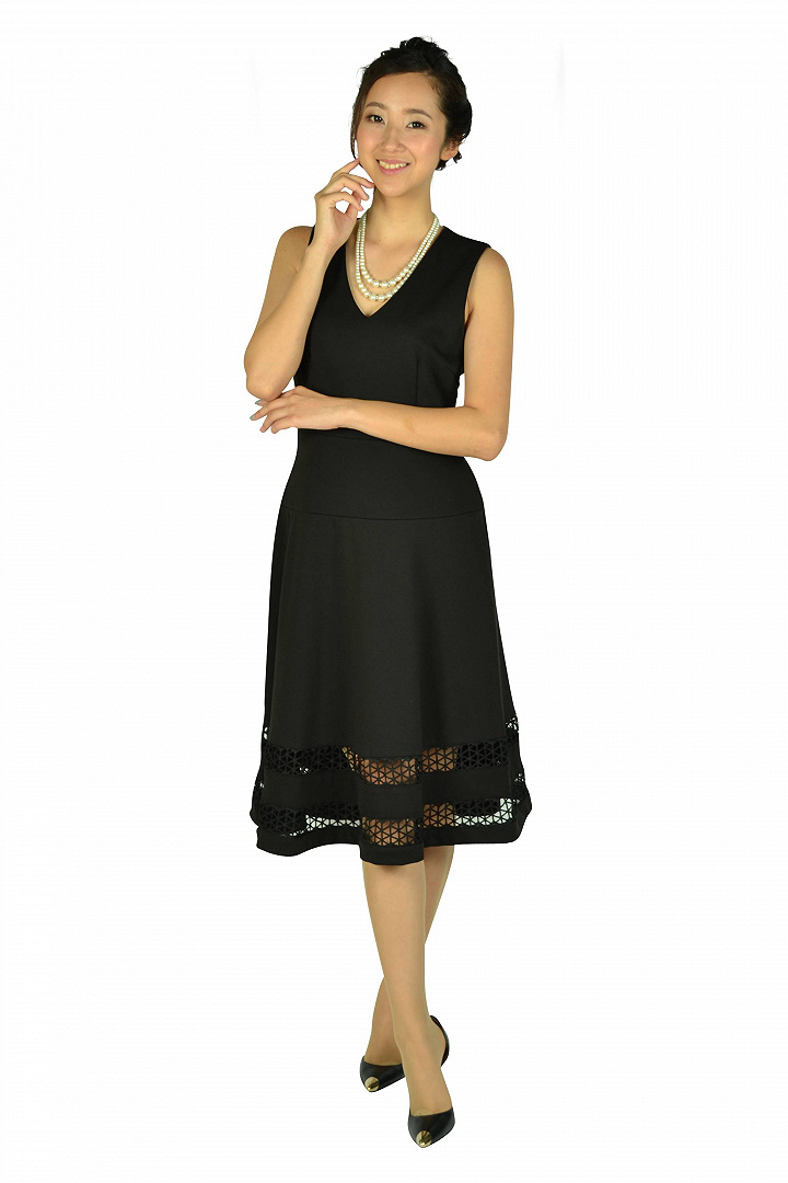 裾カットレースブラックドレス