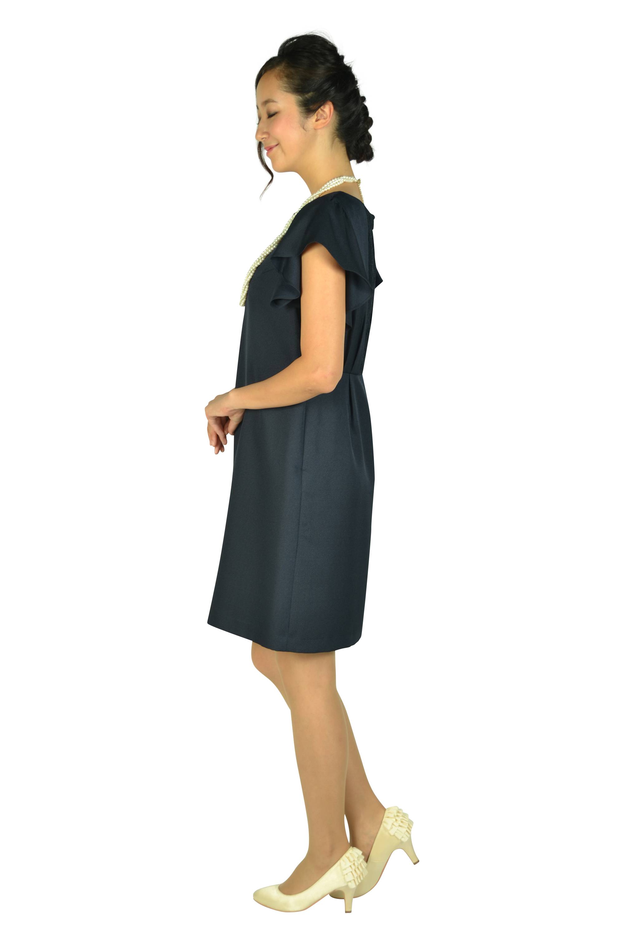 フリル袖シンプルネイビードレス