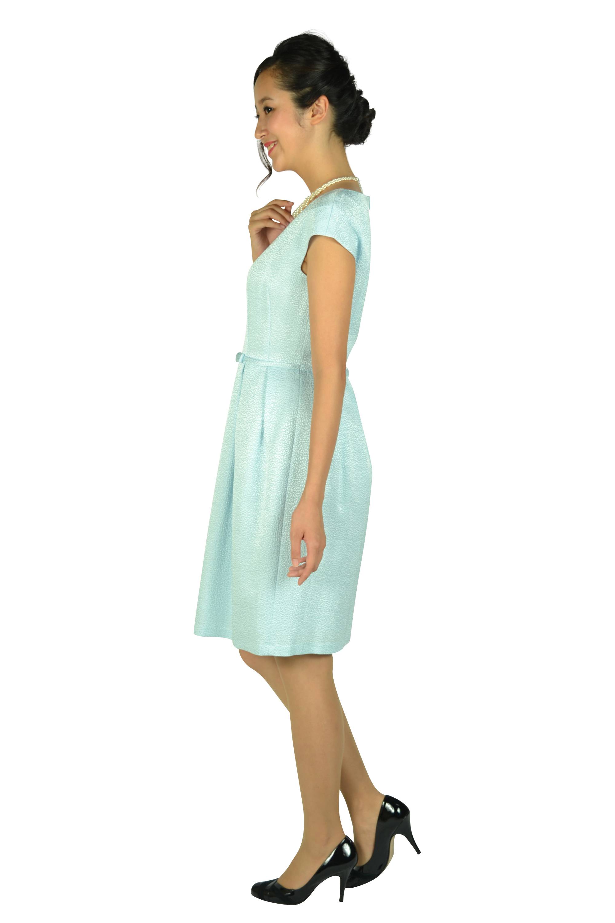 ウエストリボン光沢サックスドレス