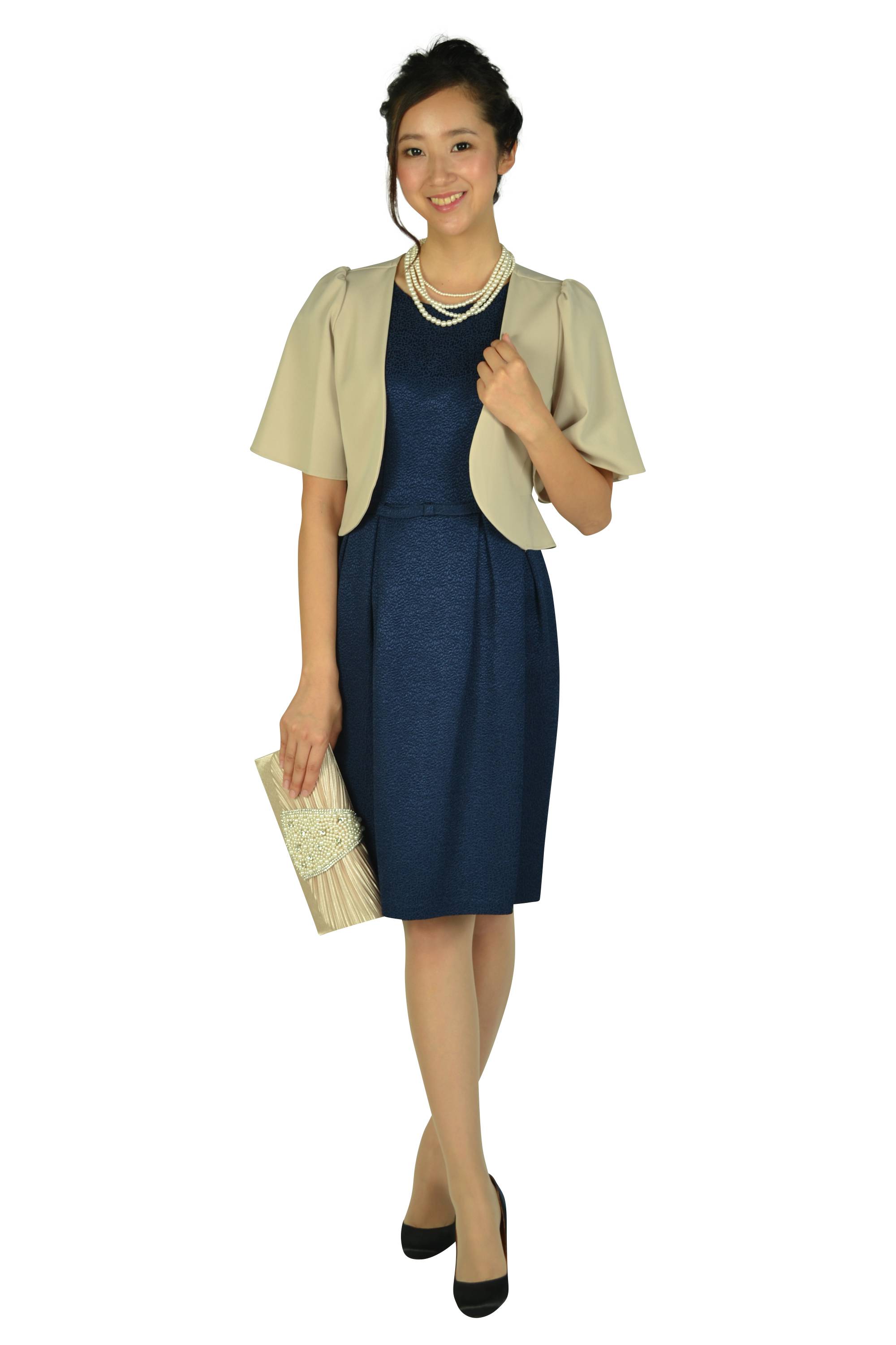 ウエストリボン光沢ネイビードレス