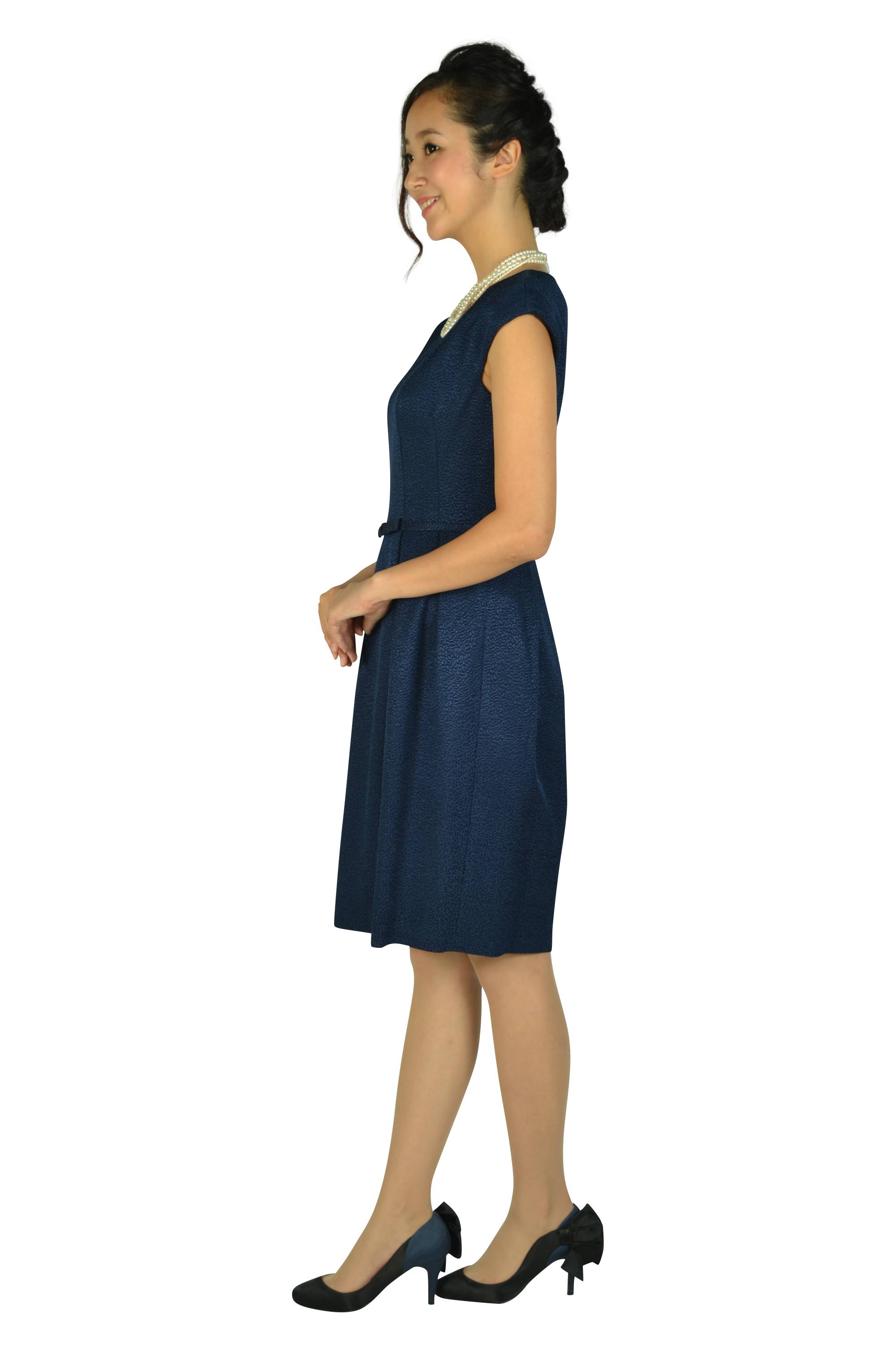 ウエストリボン光沢ネイビードレス