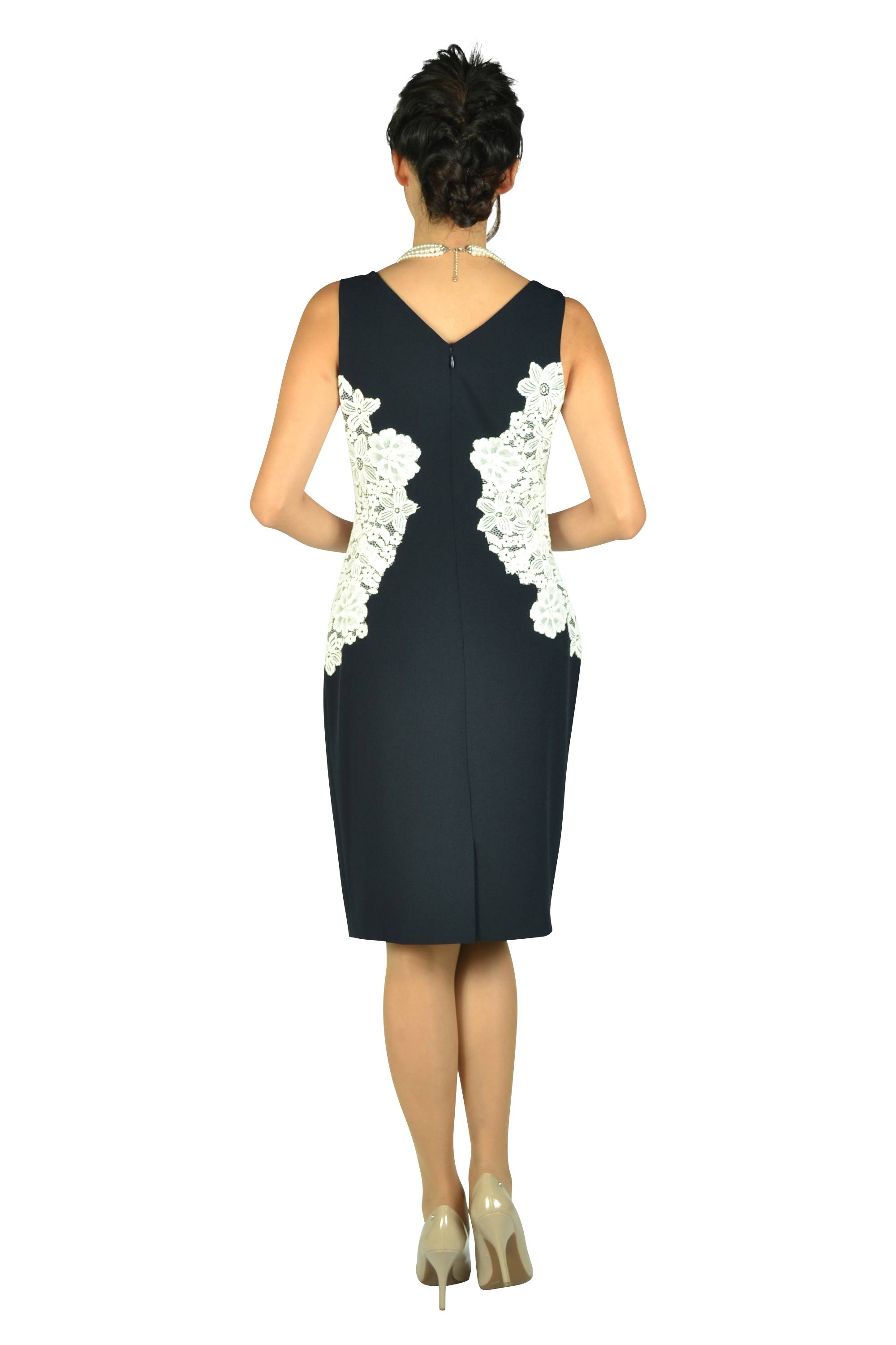 [関税込 Lauren R L] ネイビー・アイボリーレースドレス LAUREN RALPH LAUREN Iラインレースホワイト×ネイビードレス (L