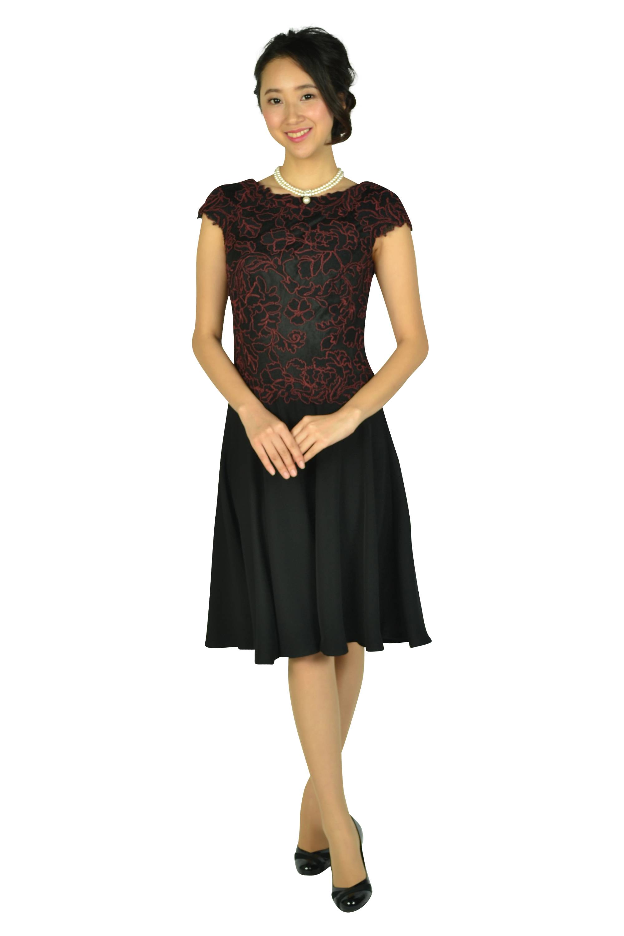 Tadashi Shoji ボルドー刺繍ブラックドレス (M) をレンタル - 結婚式
