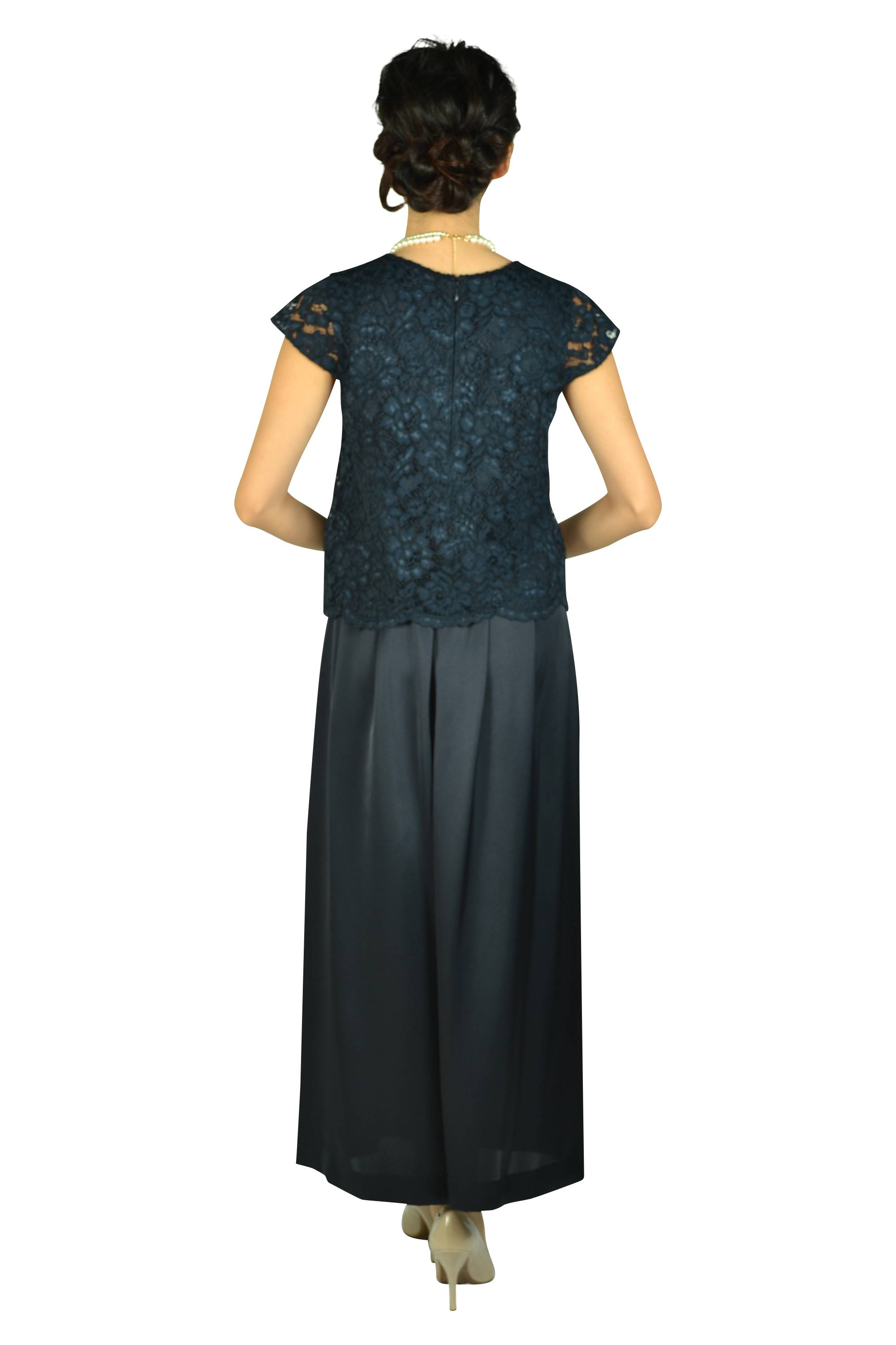 レース×ワイドパンツネイビードレス