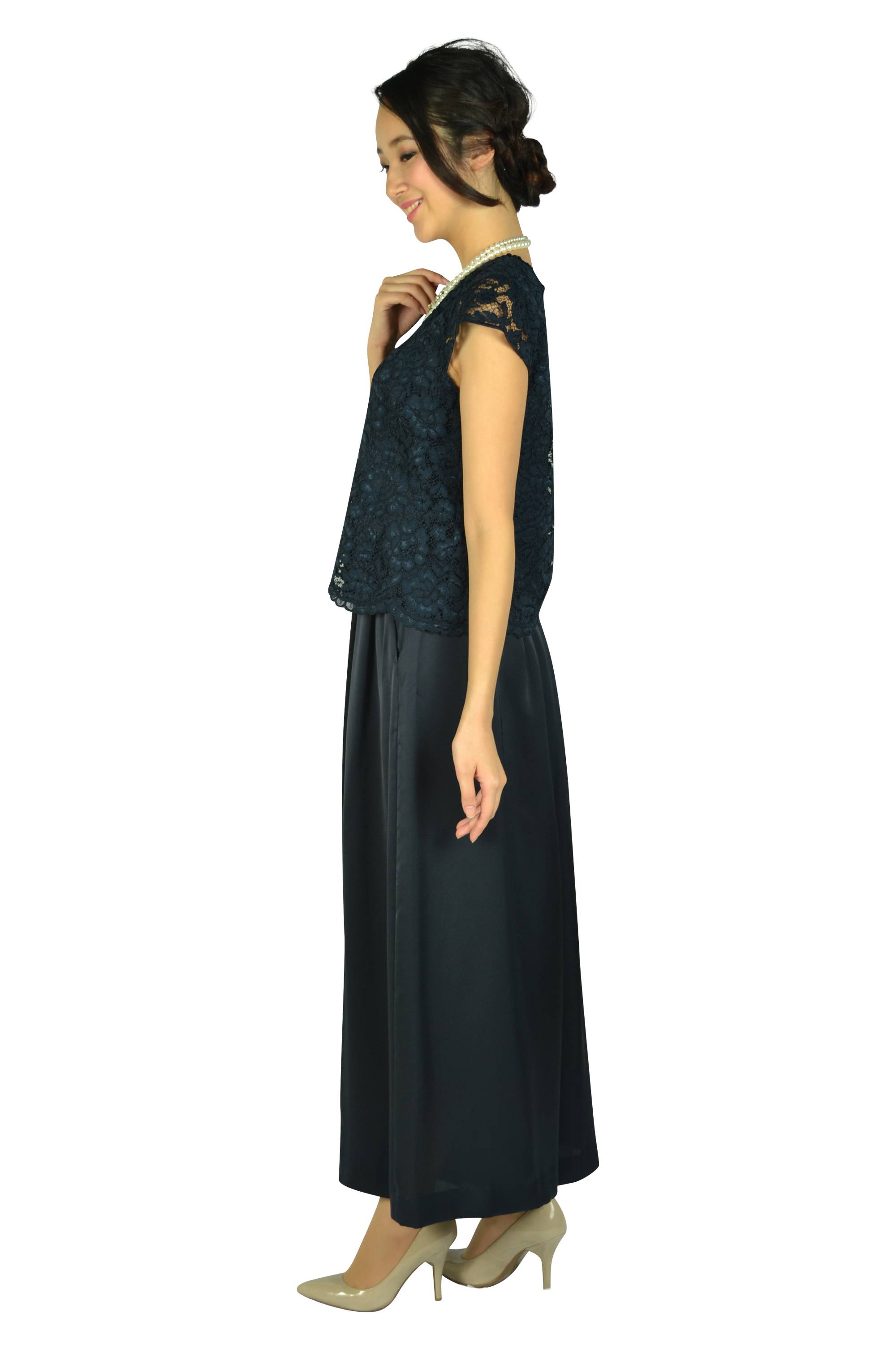 レース×ワイドパンツネイビードレス