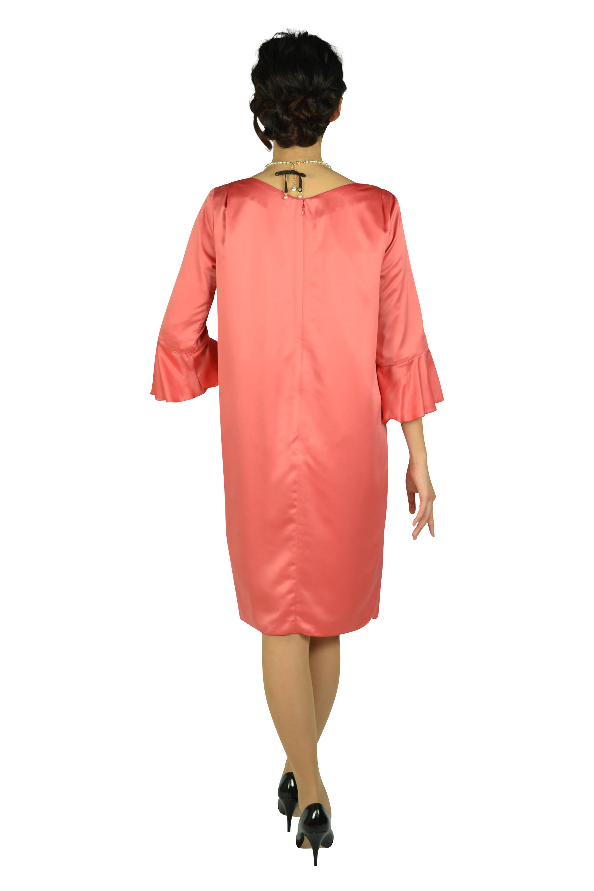 フレアスリーブ光沢サーモンピンクドレス