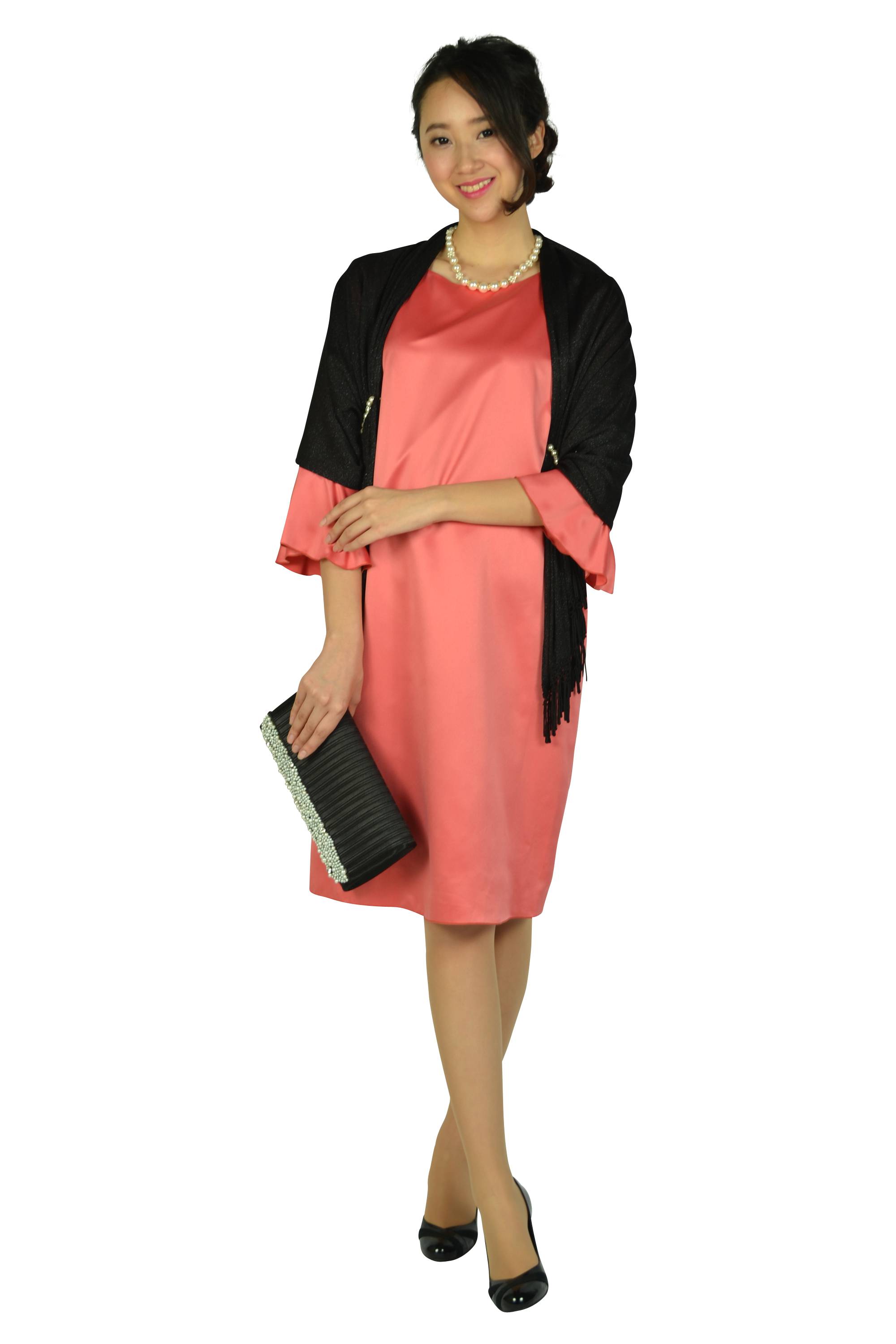 フレアスリーブ光沢サーモンピンクドレス