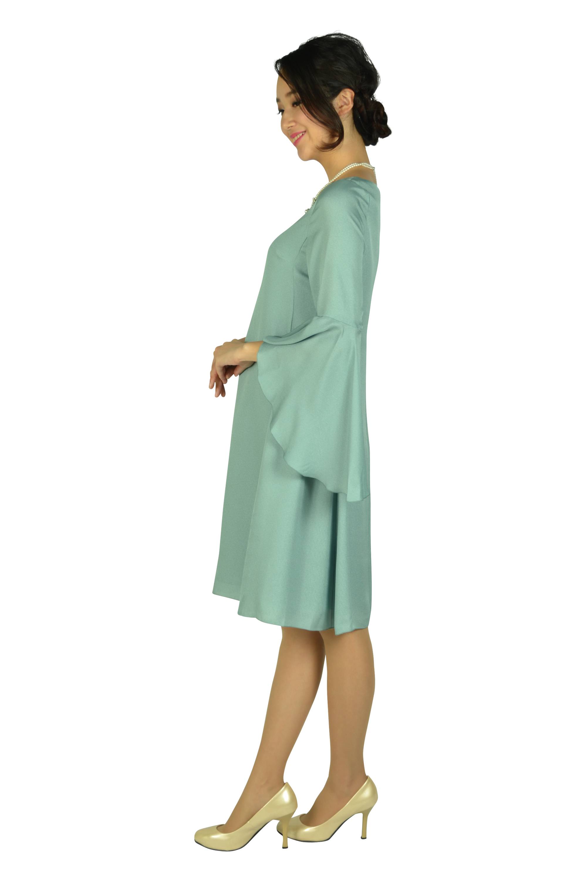 フレアースリーブスモーキーグリーンドレス