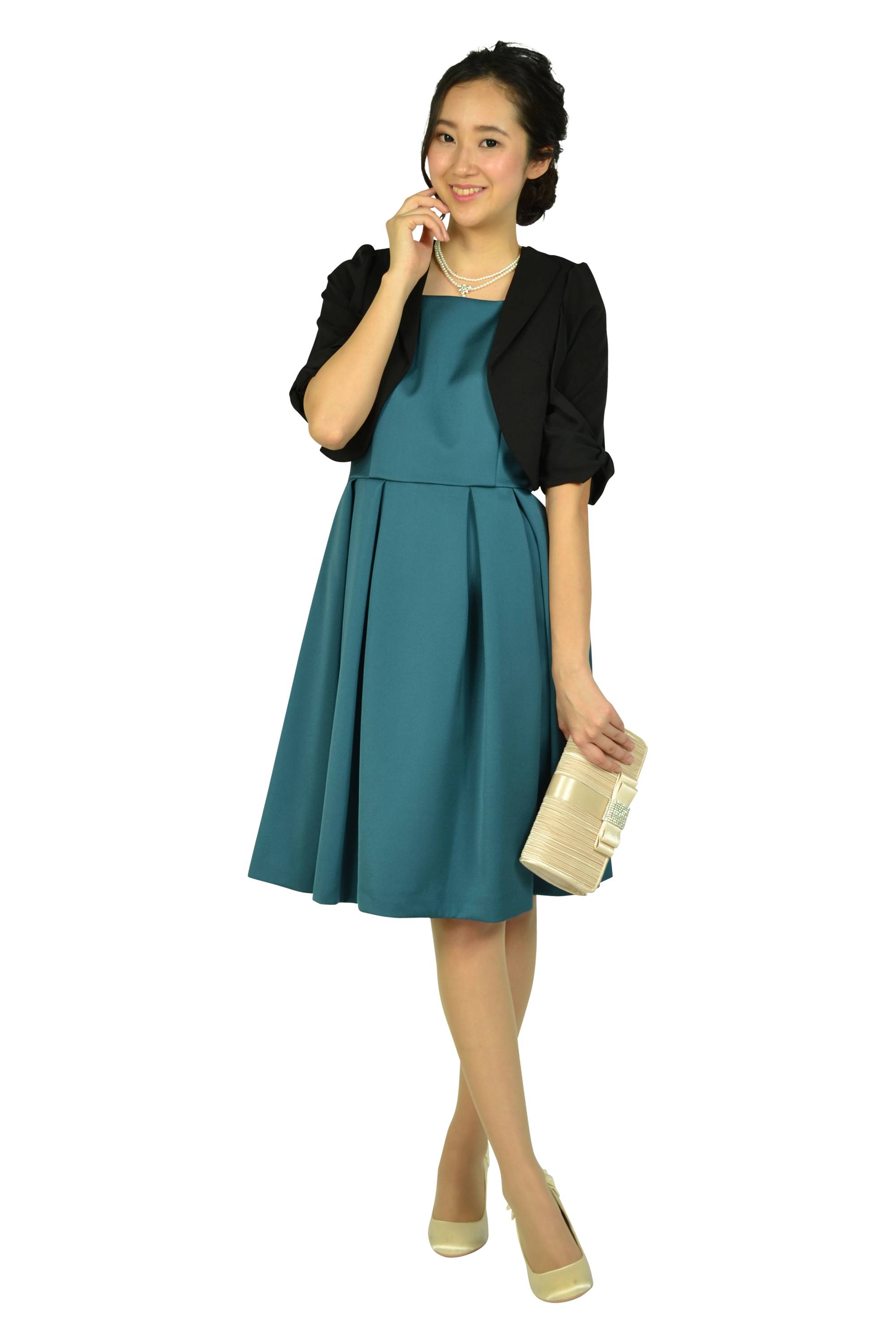 ショルダーリボングリーンドレス