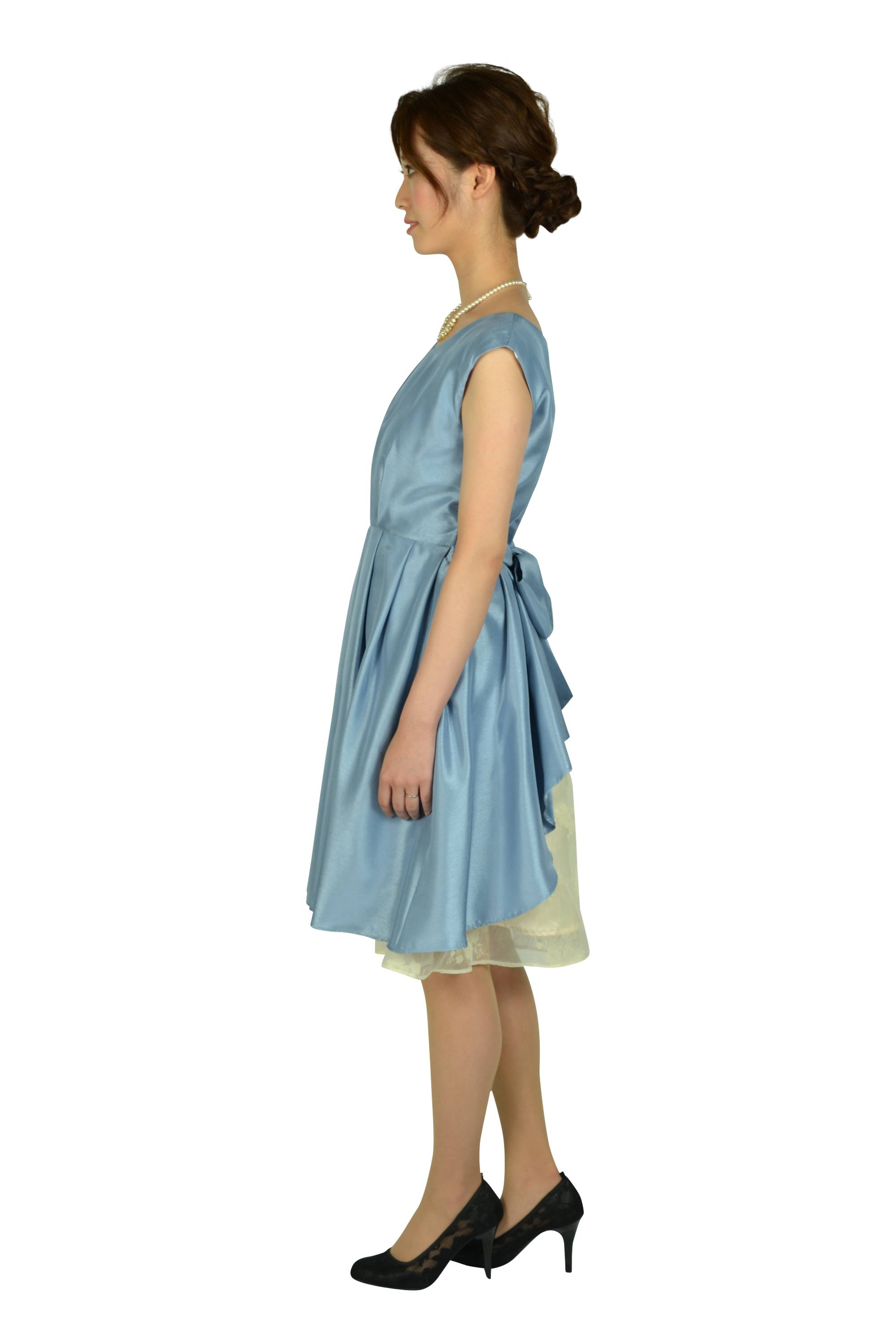 タック&フラワーオーガンジーサックスドレス