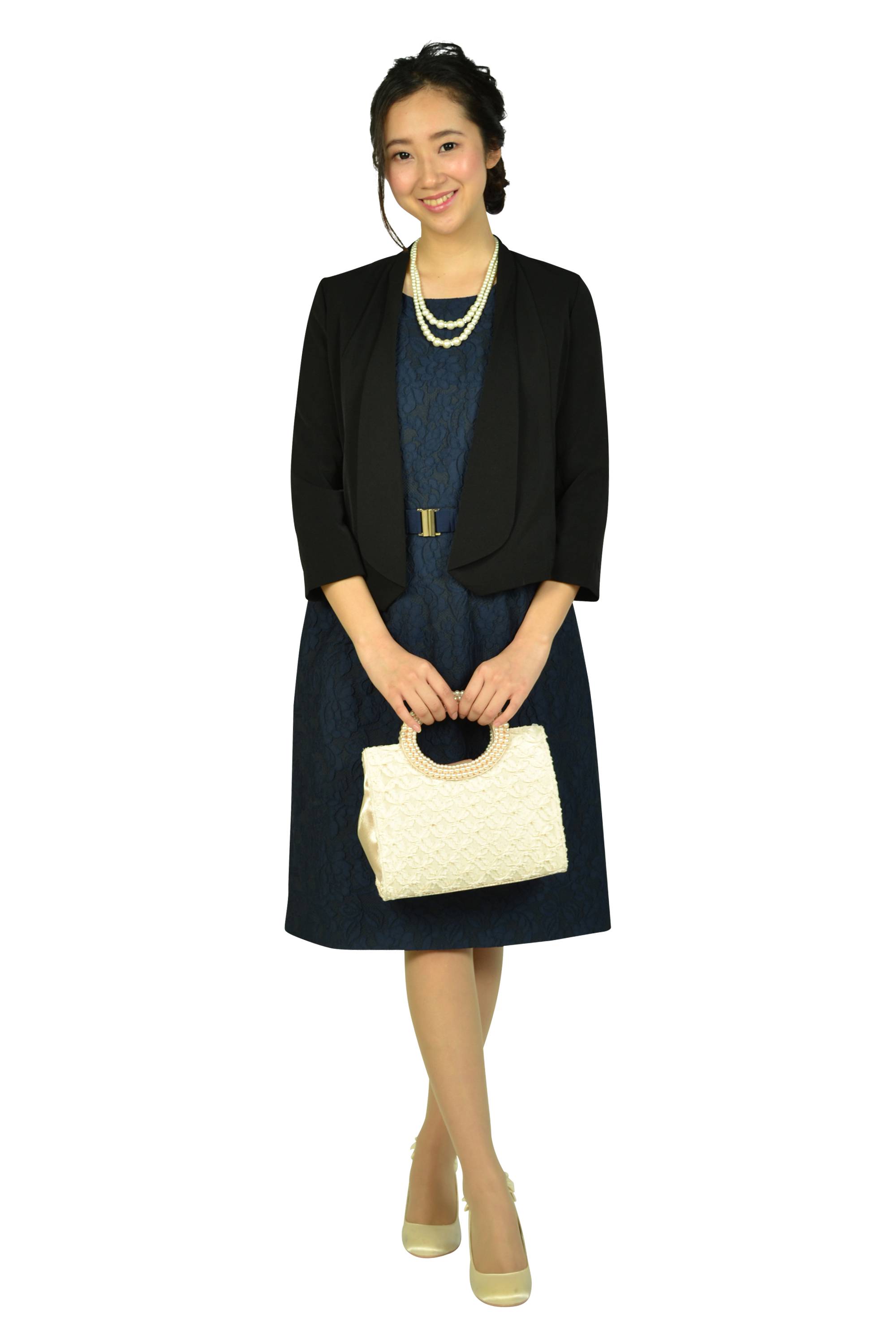 シフォン袖ネイビーレースドレス