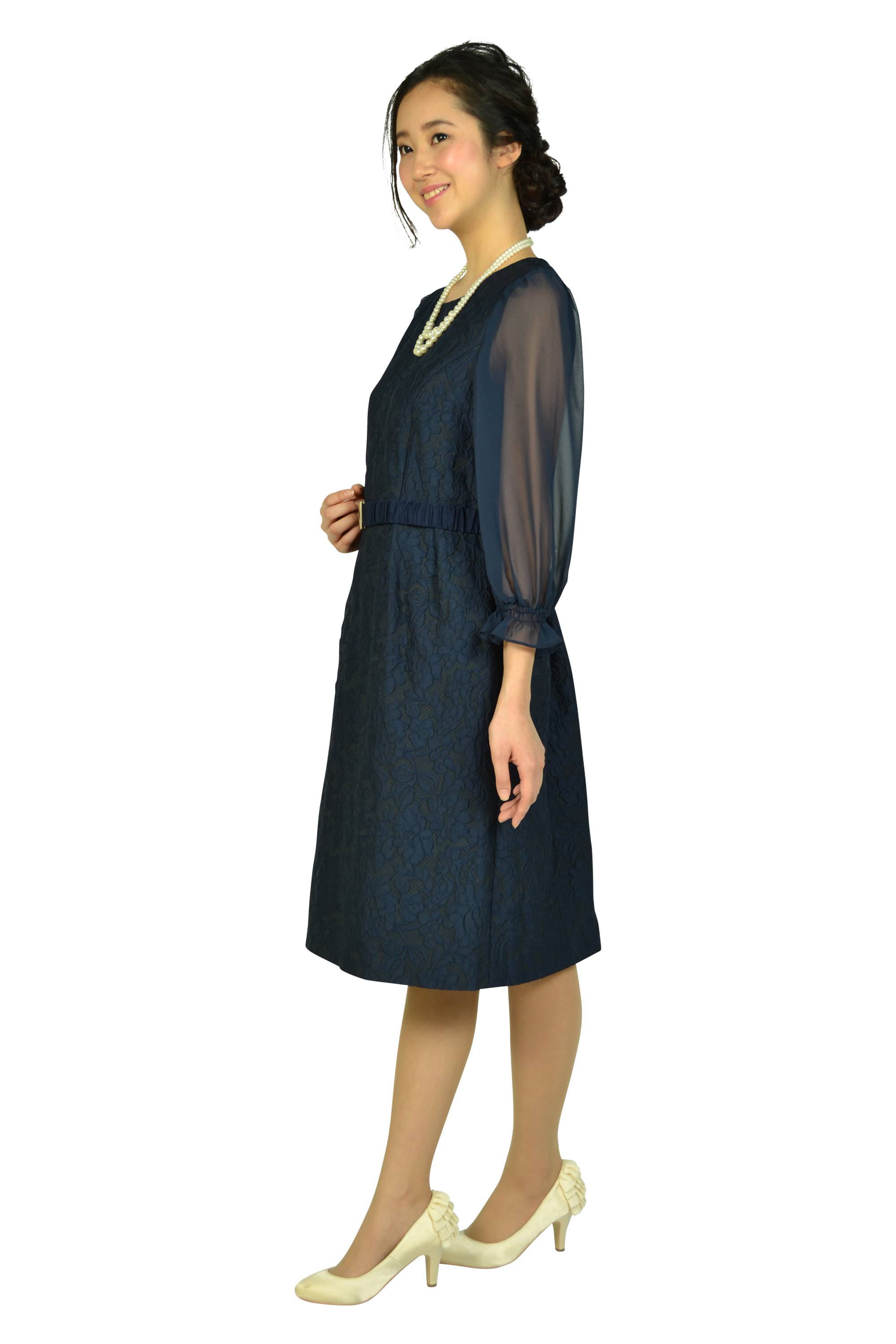 シフォン袖ネイビーレースドレス