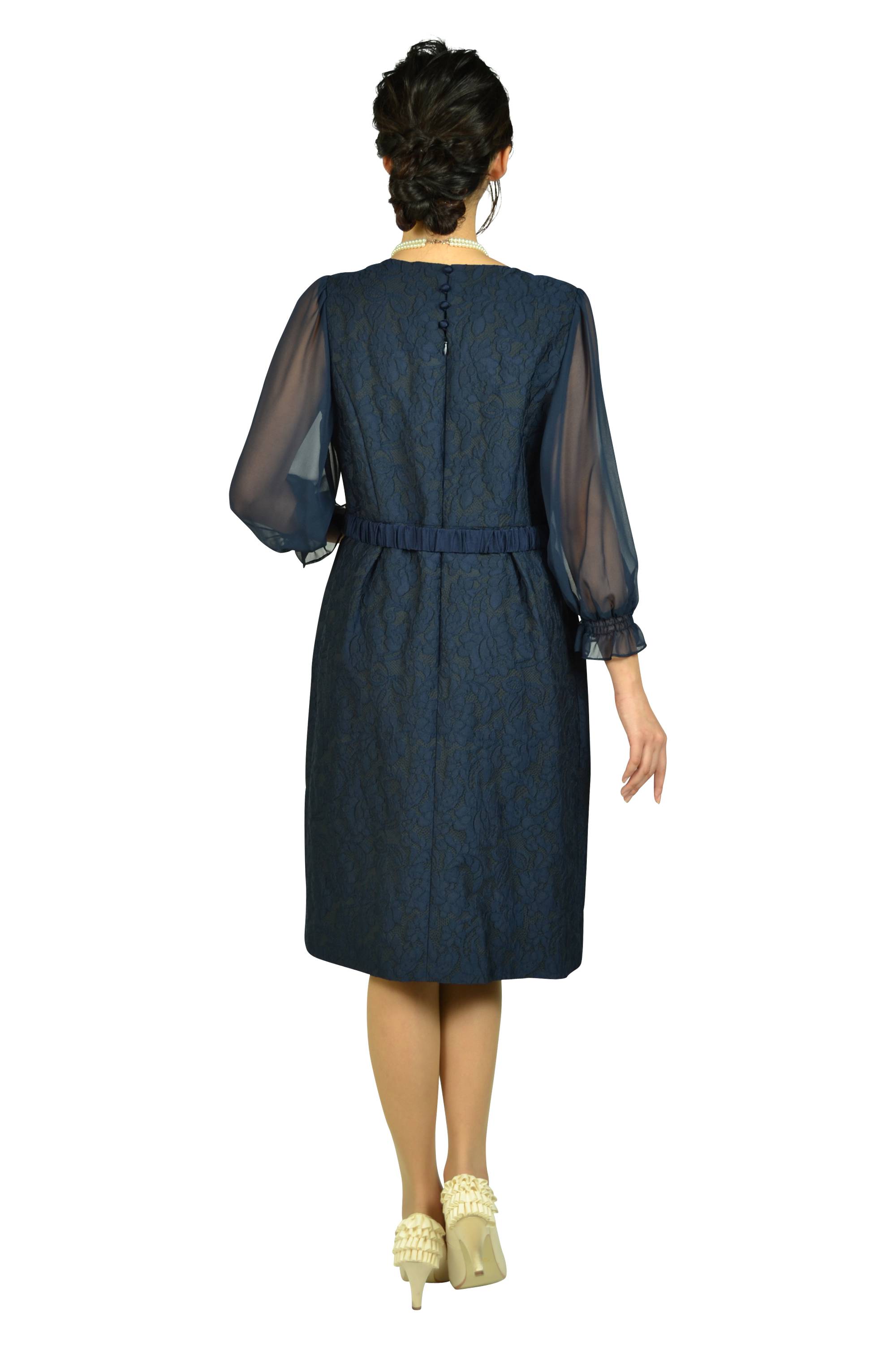 シフォン袖ネイビーレースドレス