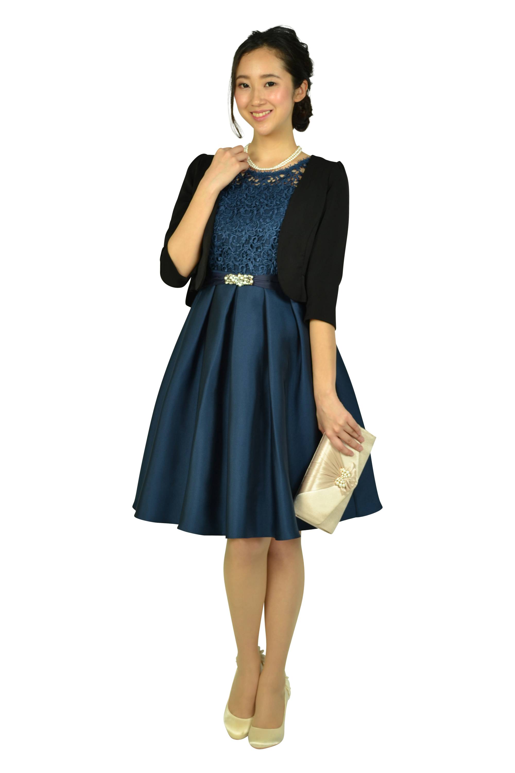 フィットアンドフレアレースネイビードレス