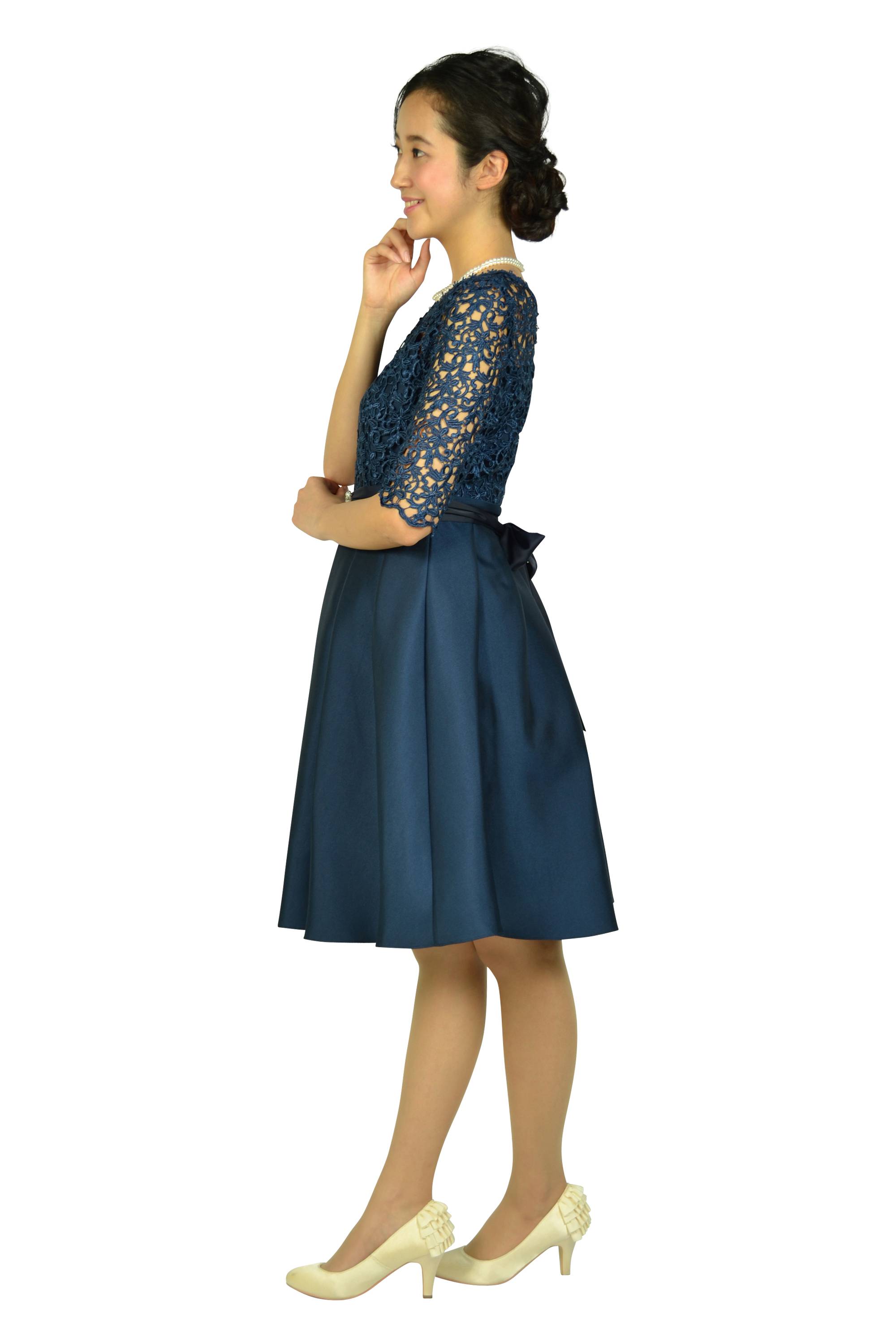 フィットアンドフレアレースネイビードレス