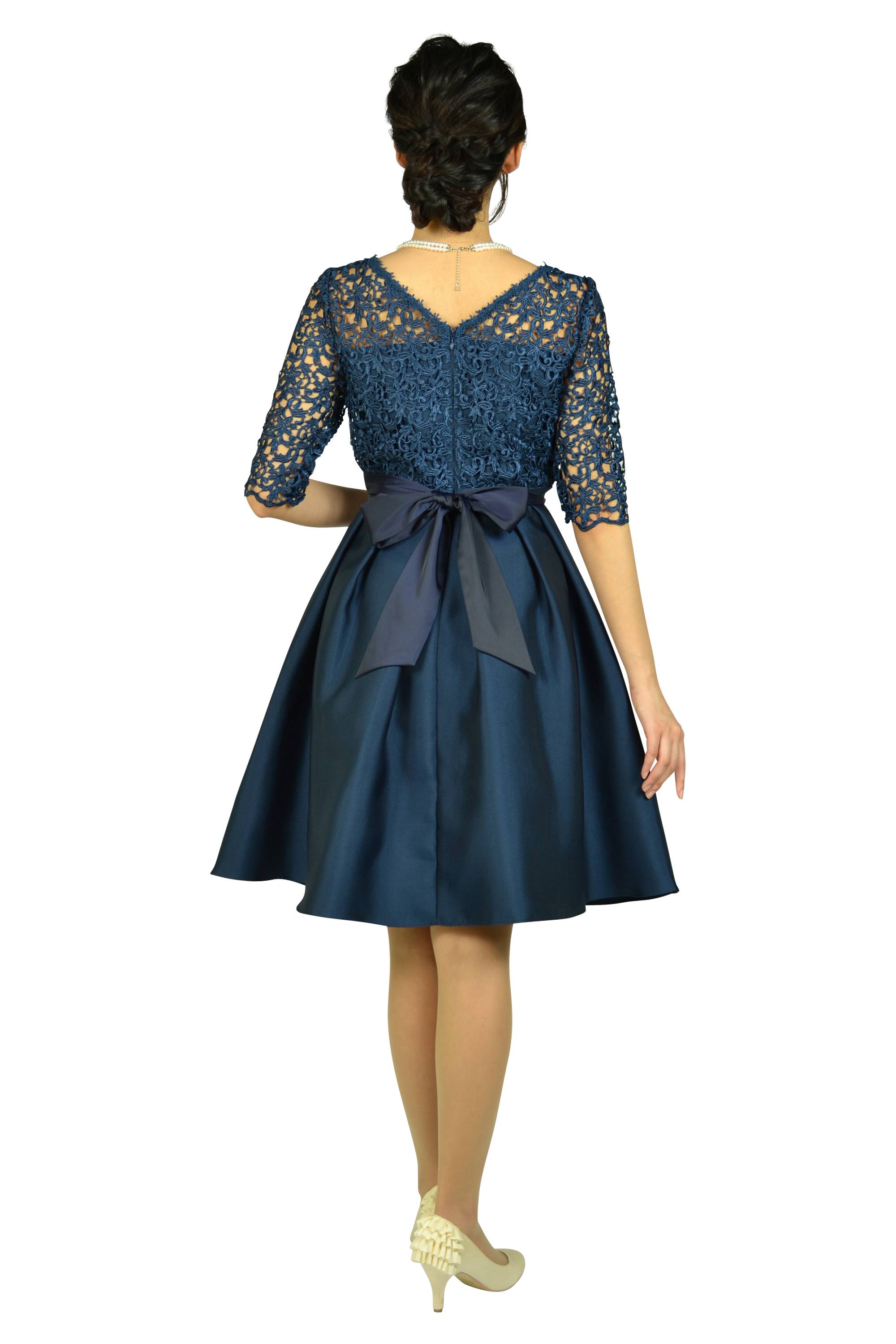 フィットアンドフレアレースネイビードレス