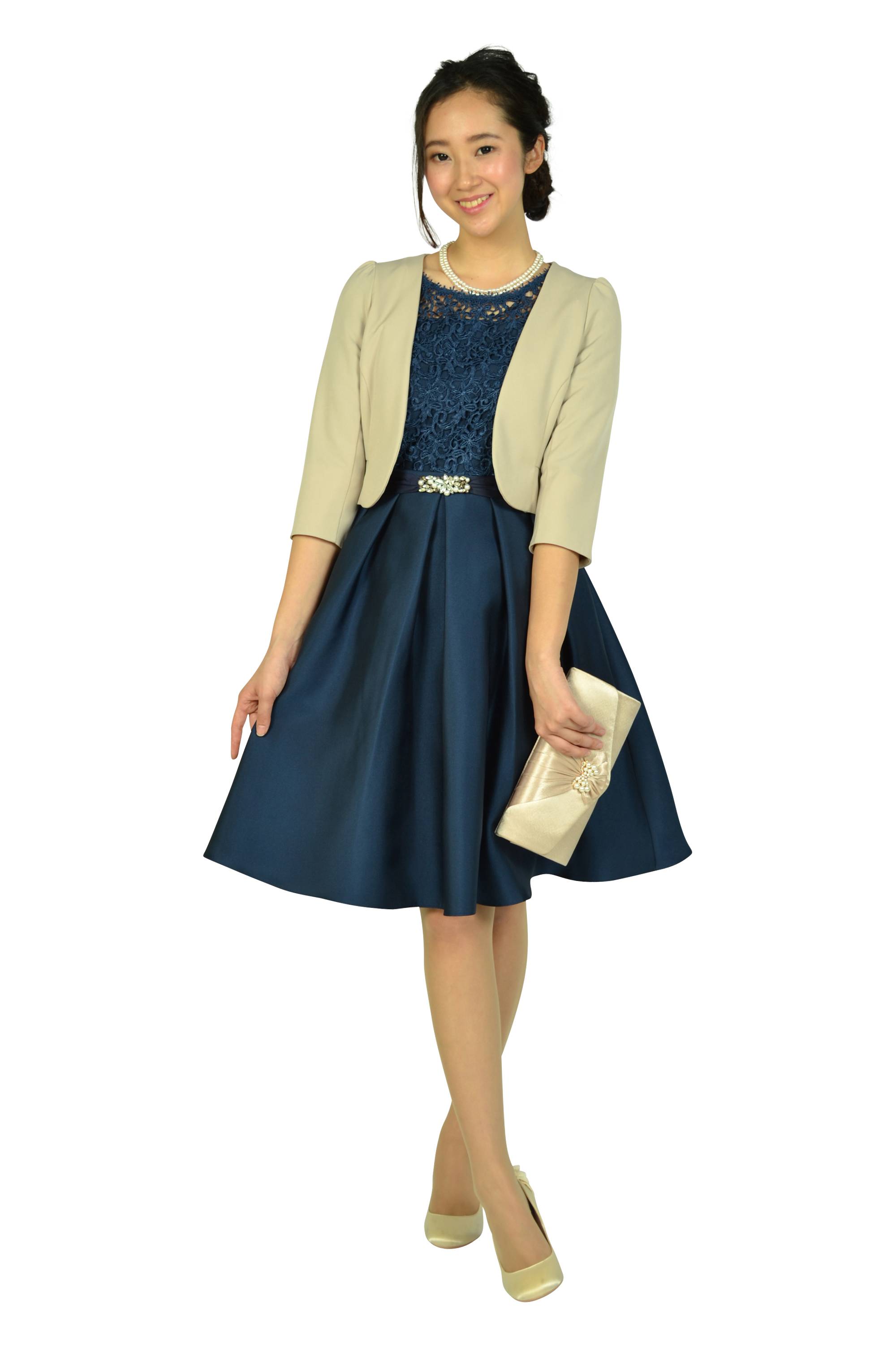 フィットアンドフレアレースネイビードレス