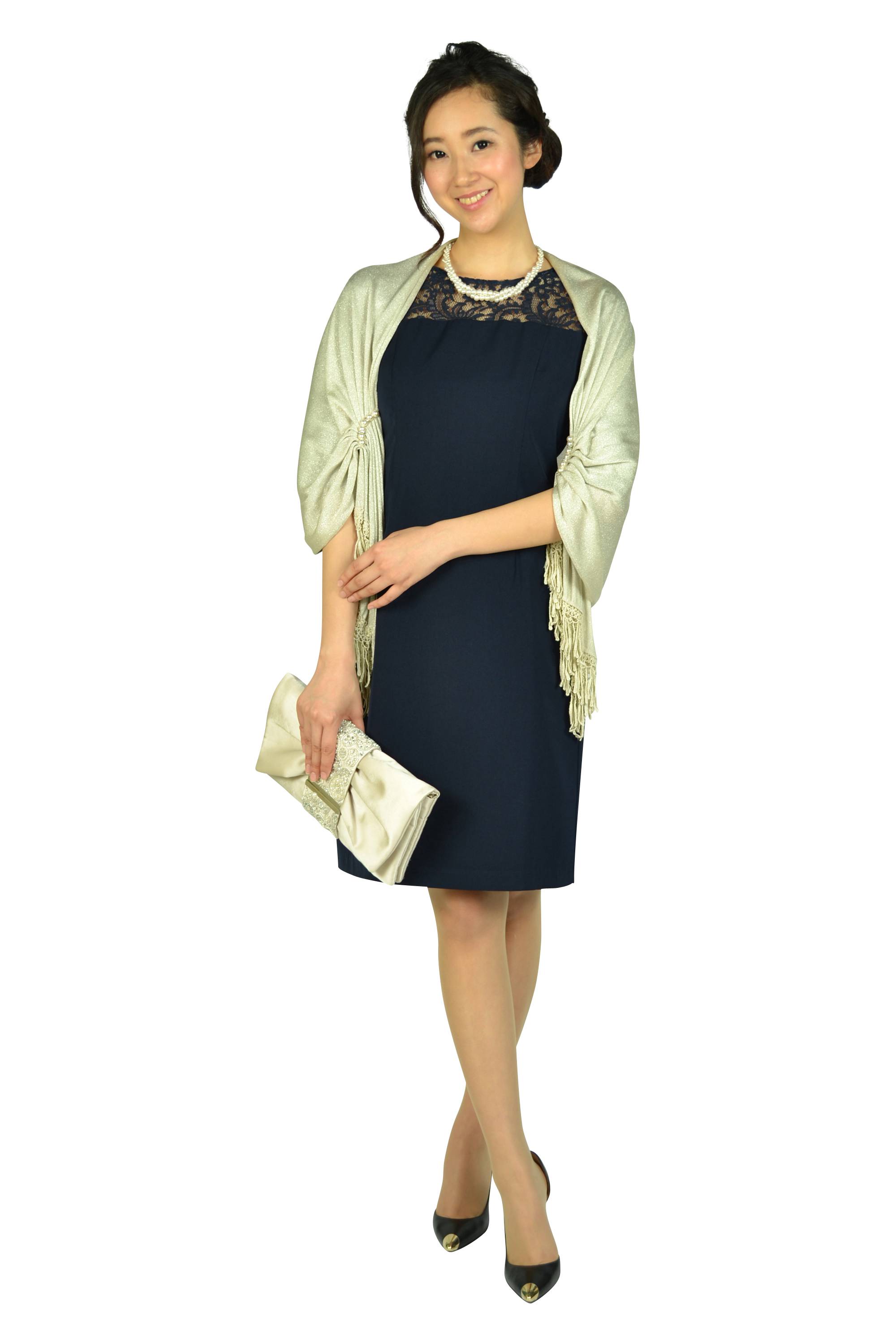 袖&胸元シースルーレースネイビードレス