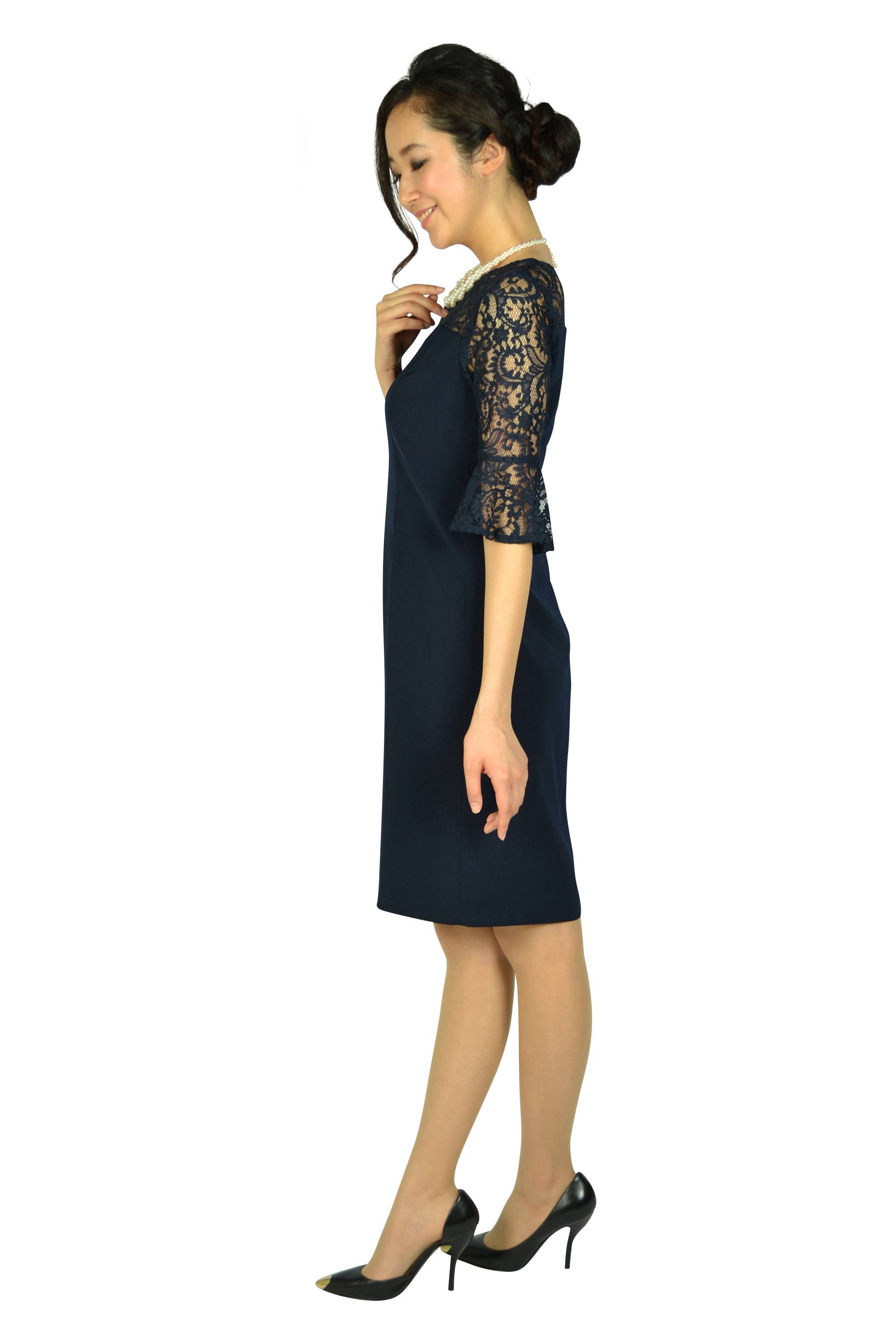 袖&胸元シースルーレースネイビードレス