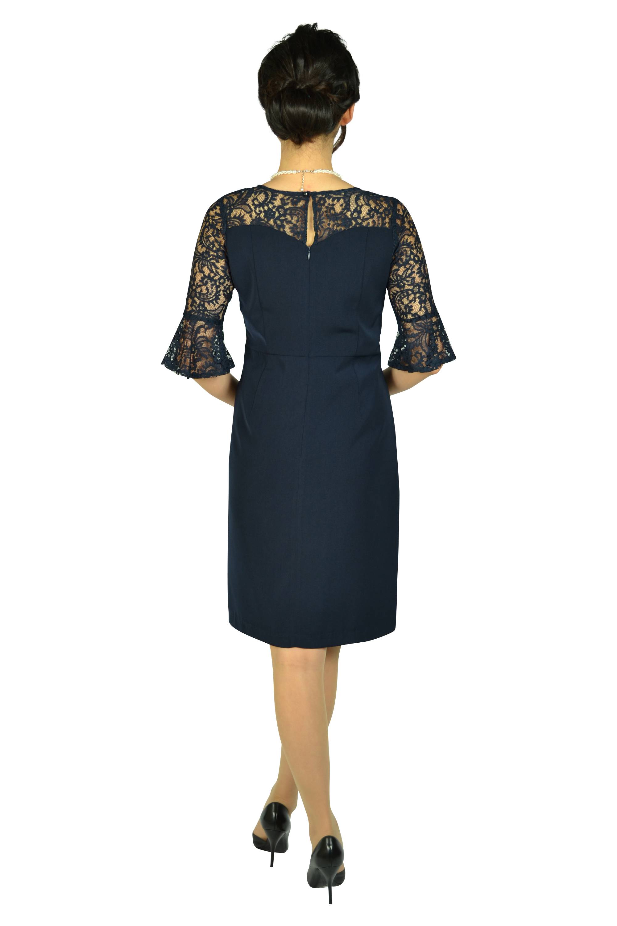 袖&胸元シースルーレースネイビードレス