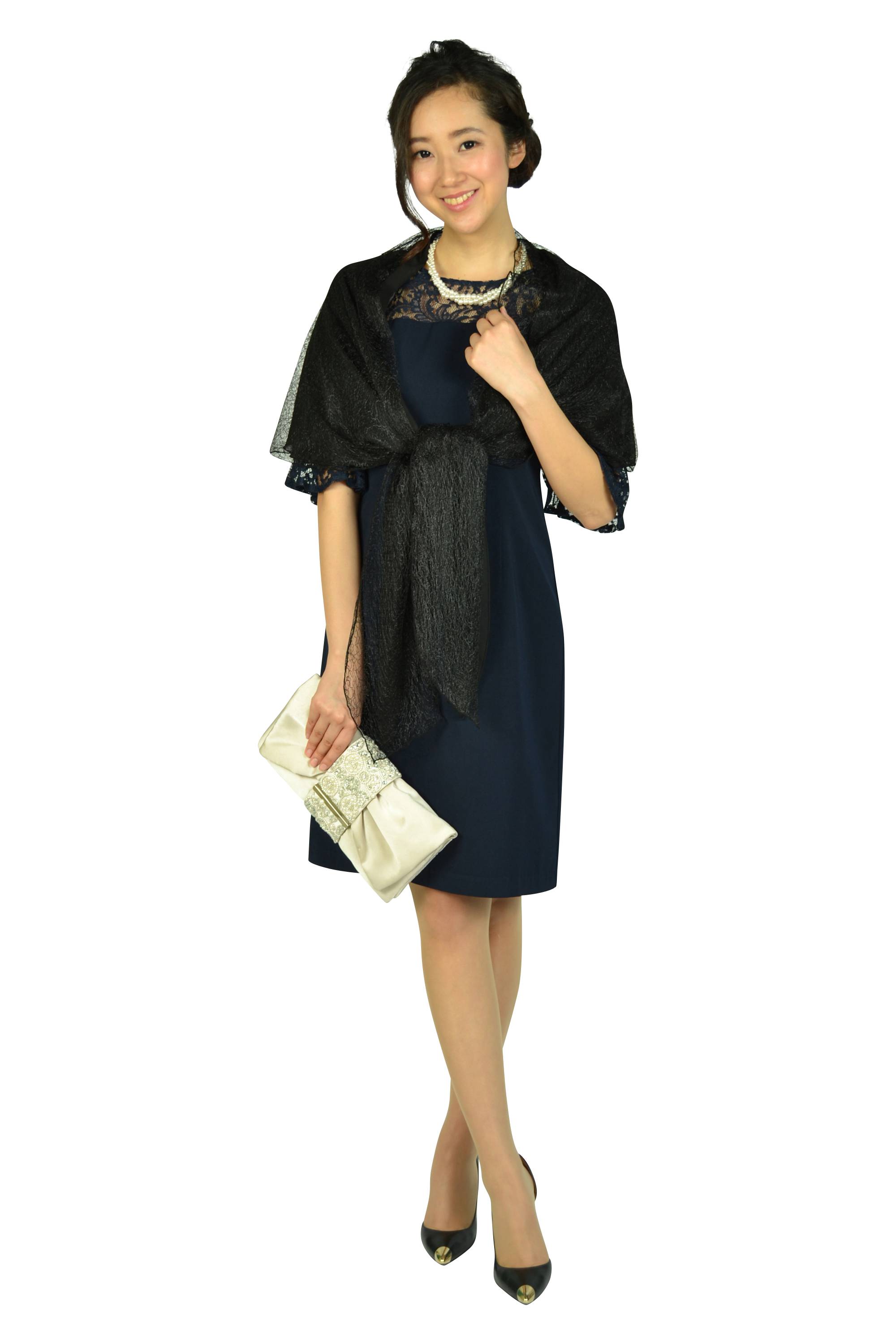 袖&胸元シースルーレースネイビードレス