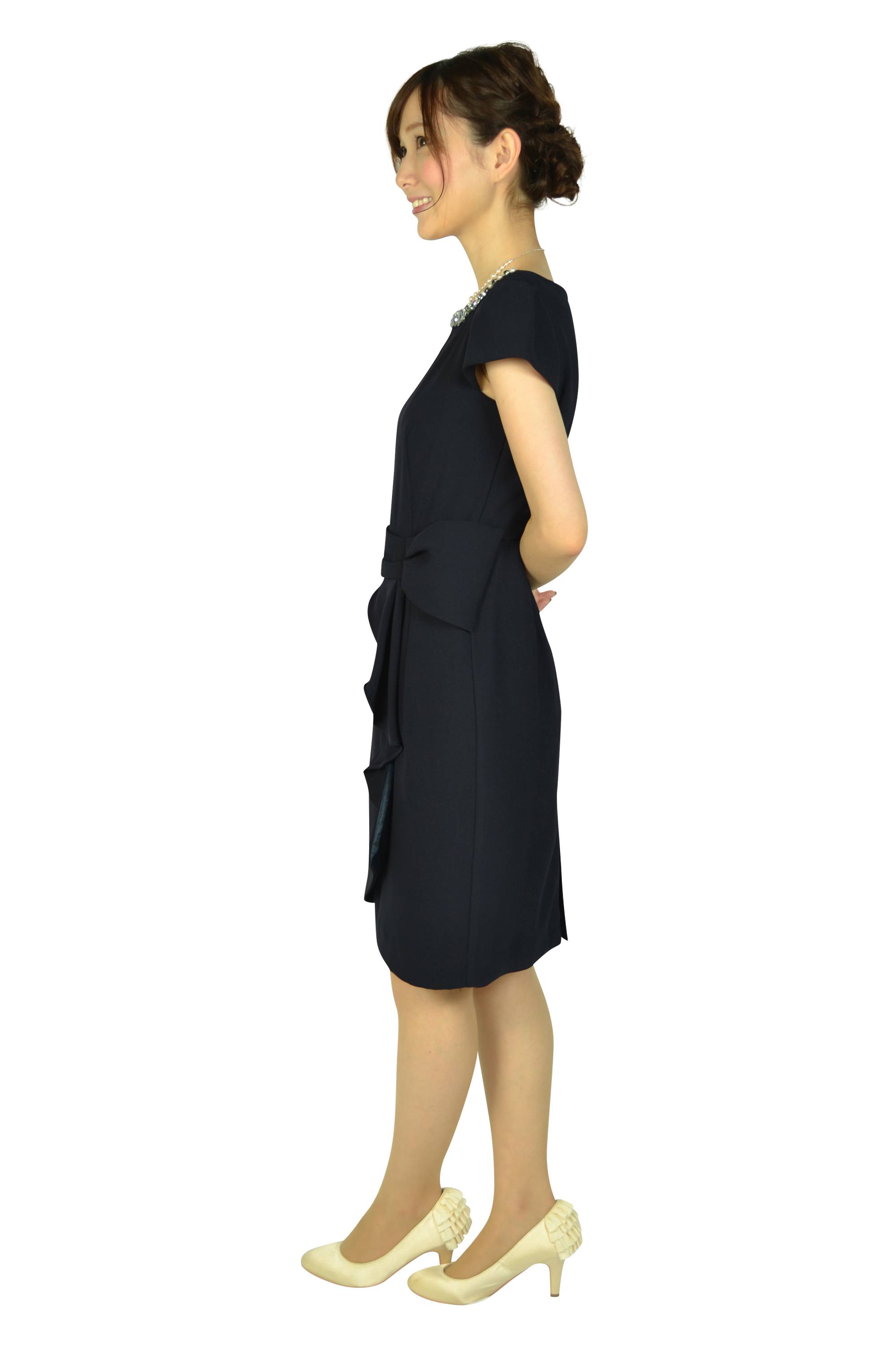 ウエストタック袖付きネイビードレス