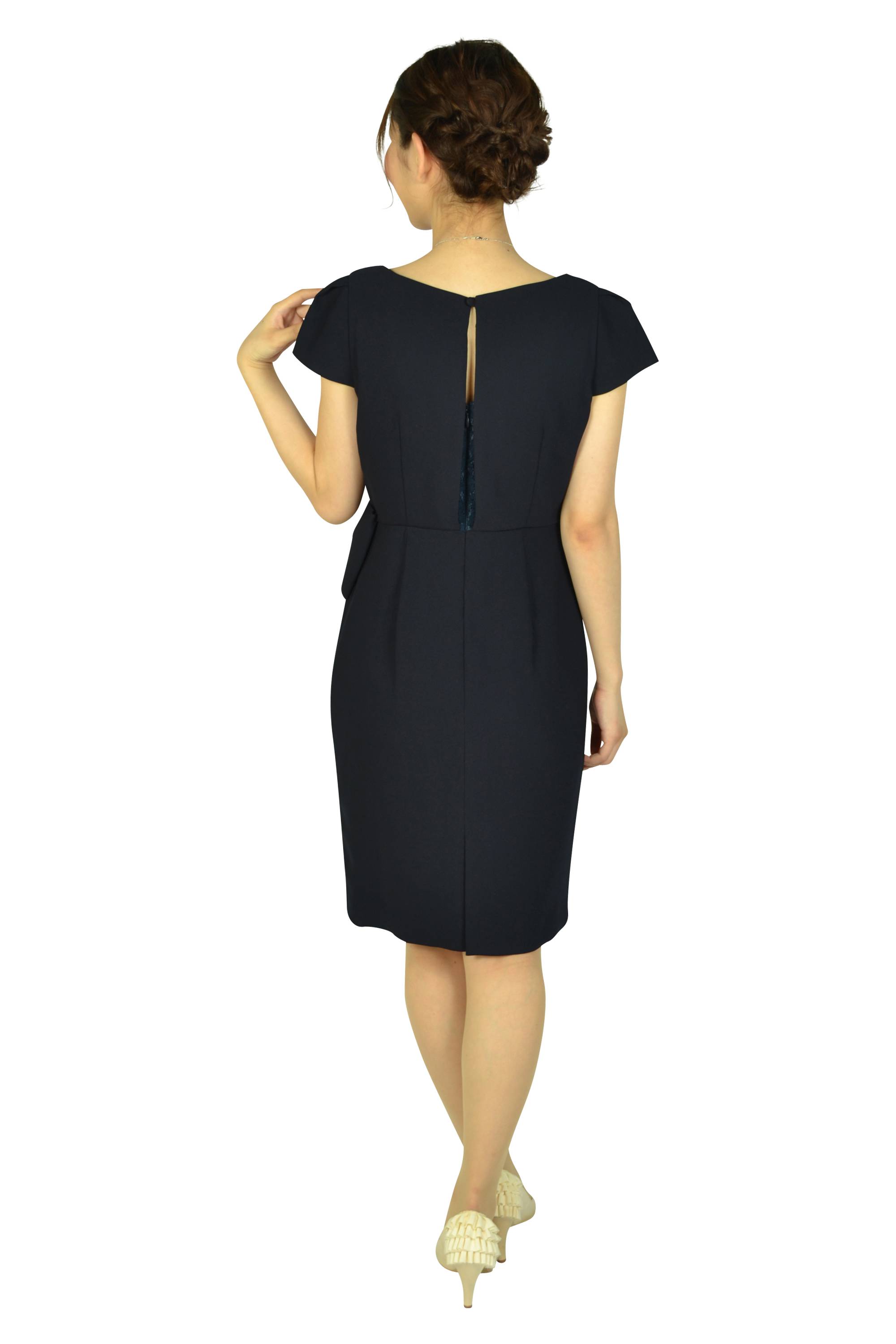 ウエストタック袖付きネイビードレス