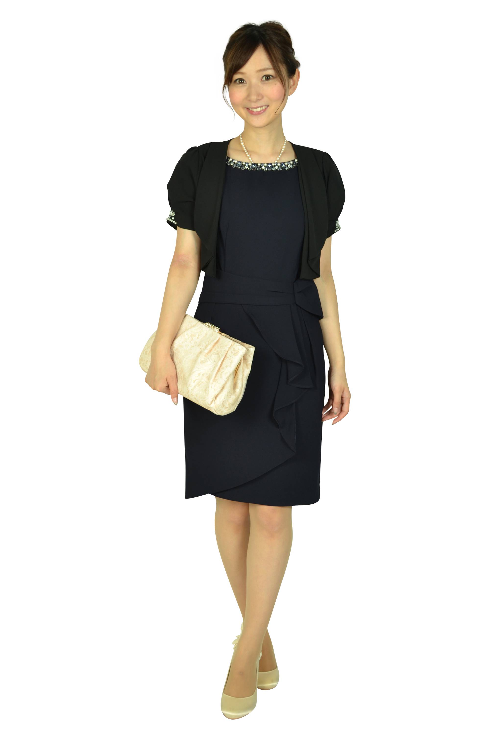 ウエストタック袖付きネイビードレス