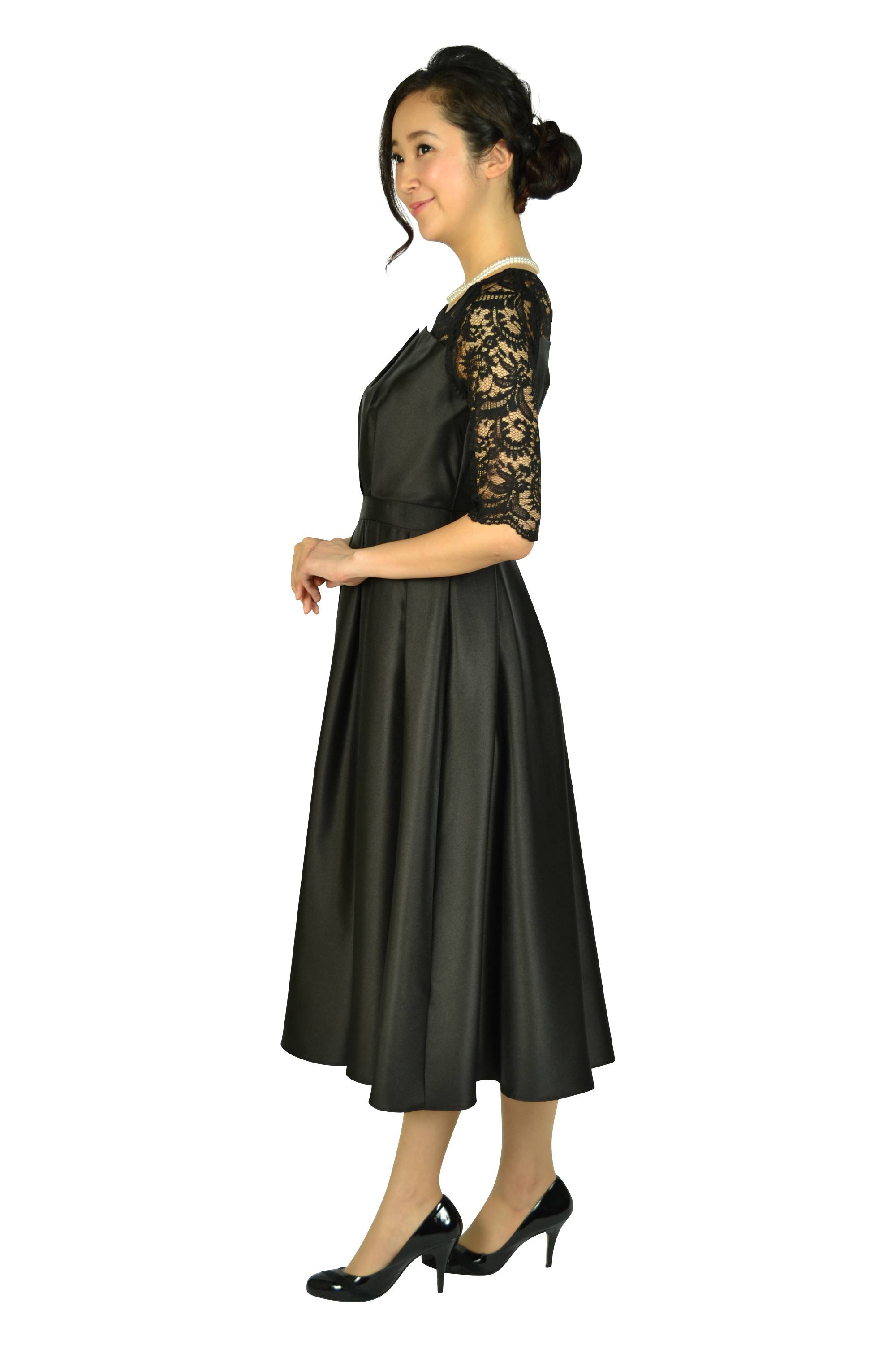 5分袖レースミディ丈ブラックドレス