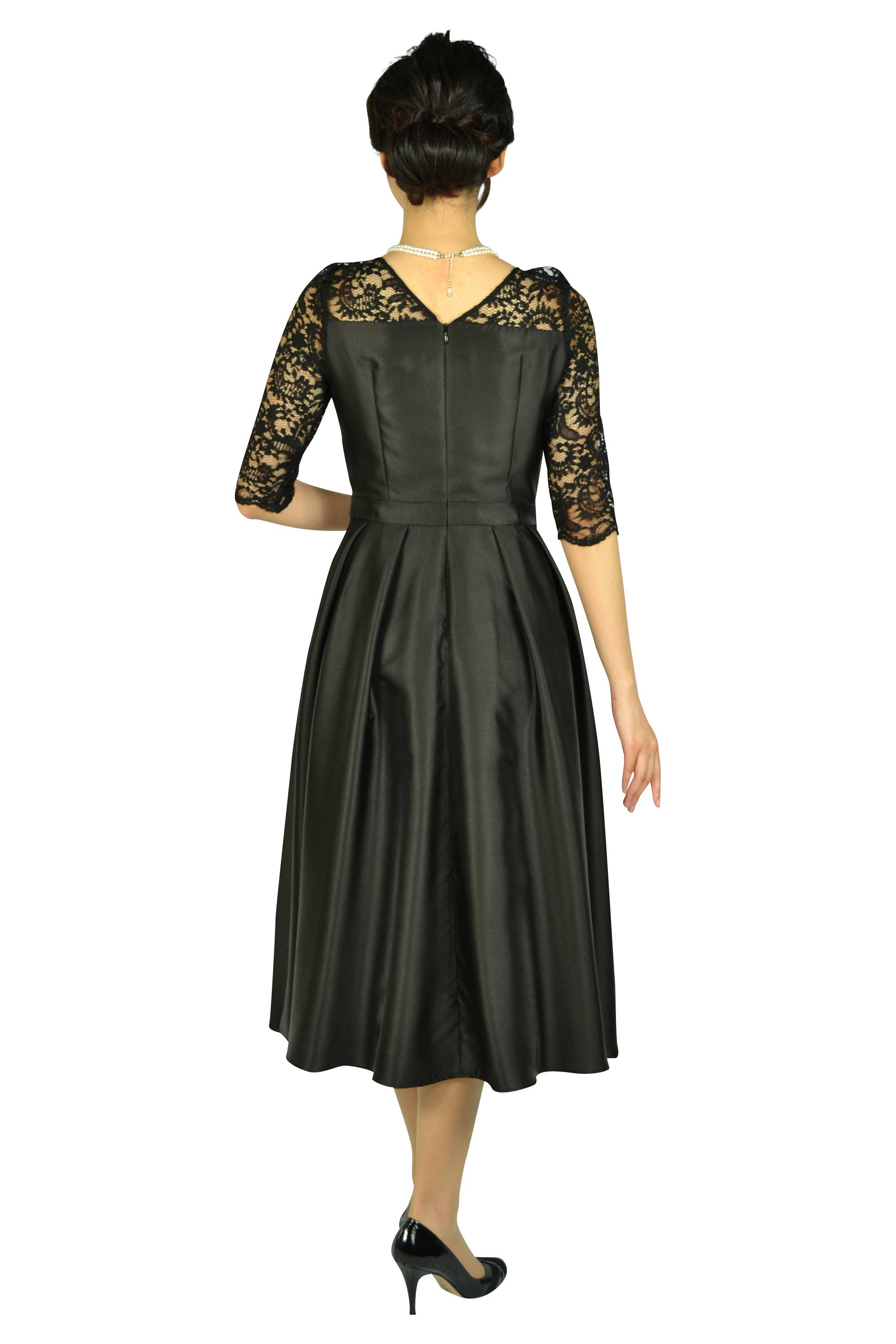 5分袖レースミディ丈ブラックドレス