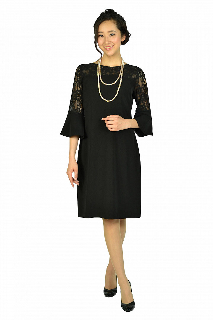 Hermoso Luxe 異素材ベル袖ブラックドレス M をレンタル 結婚式パーティーのドレスレンタルはおしゃれコンシャス Hermoso Luxe 異素材ベル袖ブラックドレス M をレンタル 結婚式パーティーのドレスレンタルはおしゃれコンシャス
