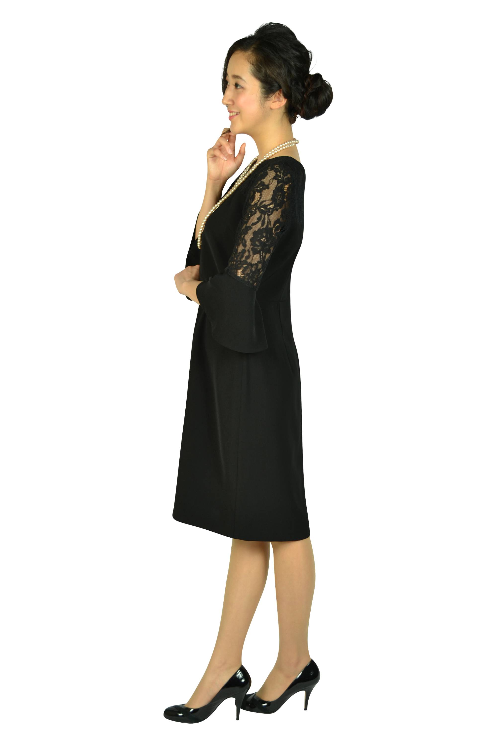 異素材ベル袖ブラックドレス