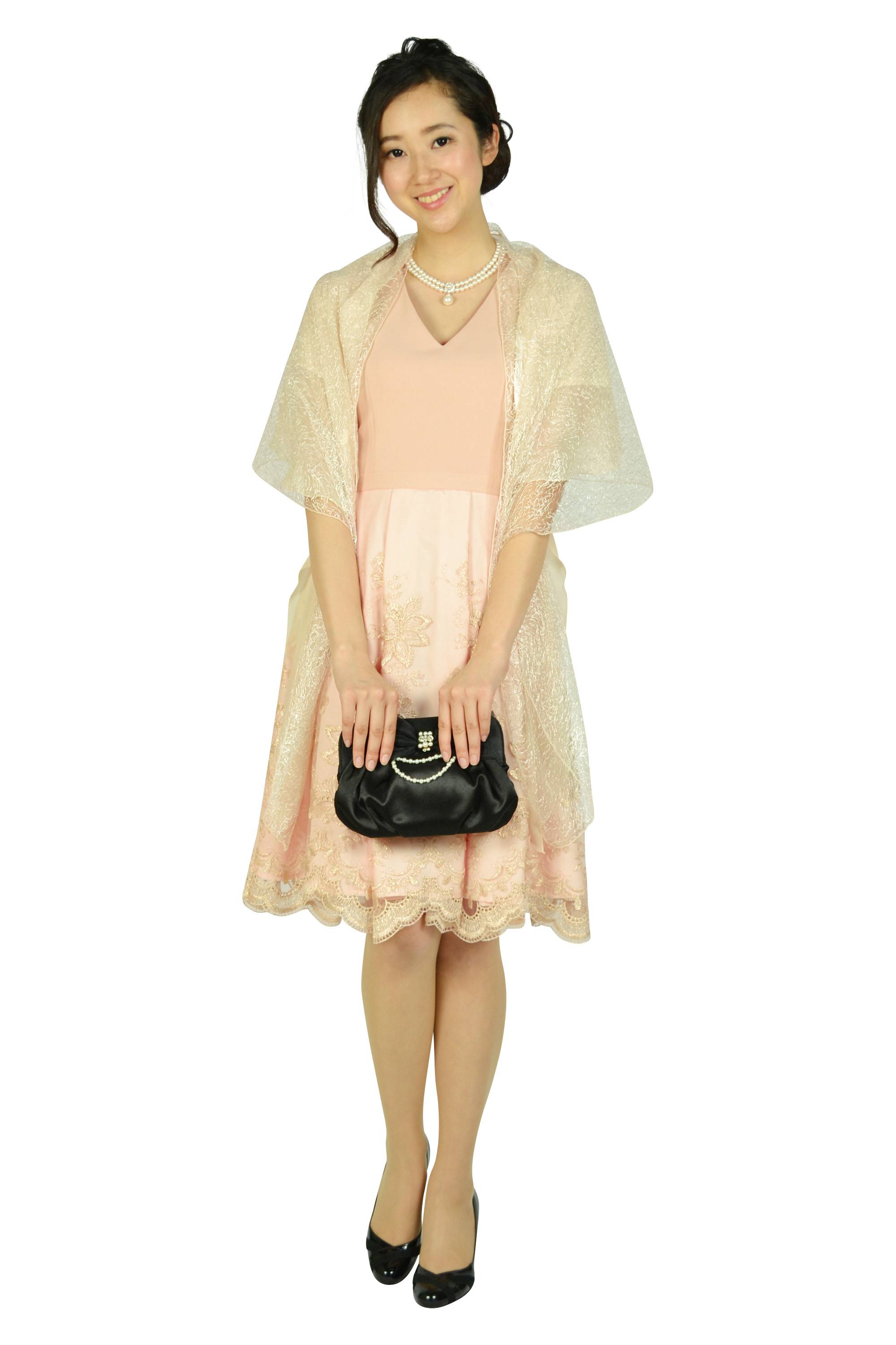 チュールスカラレースピンクベージュドレス