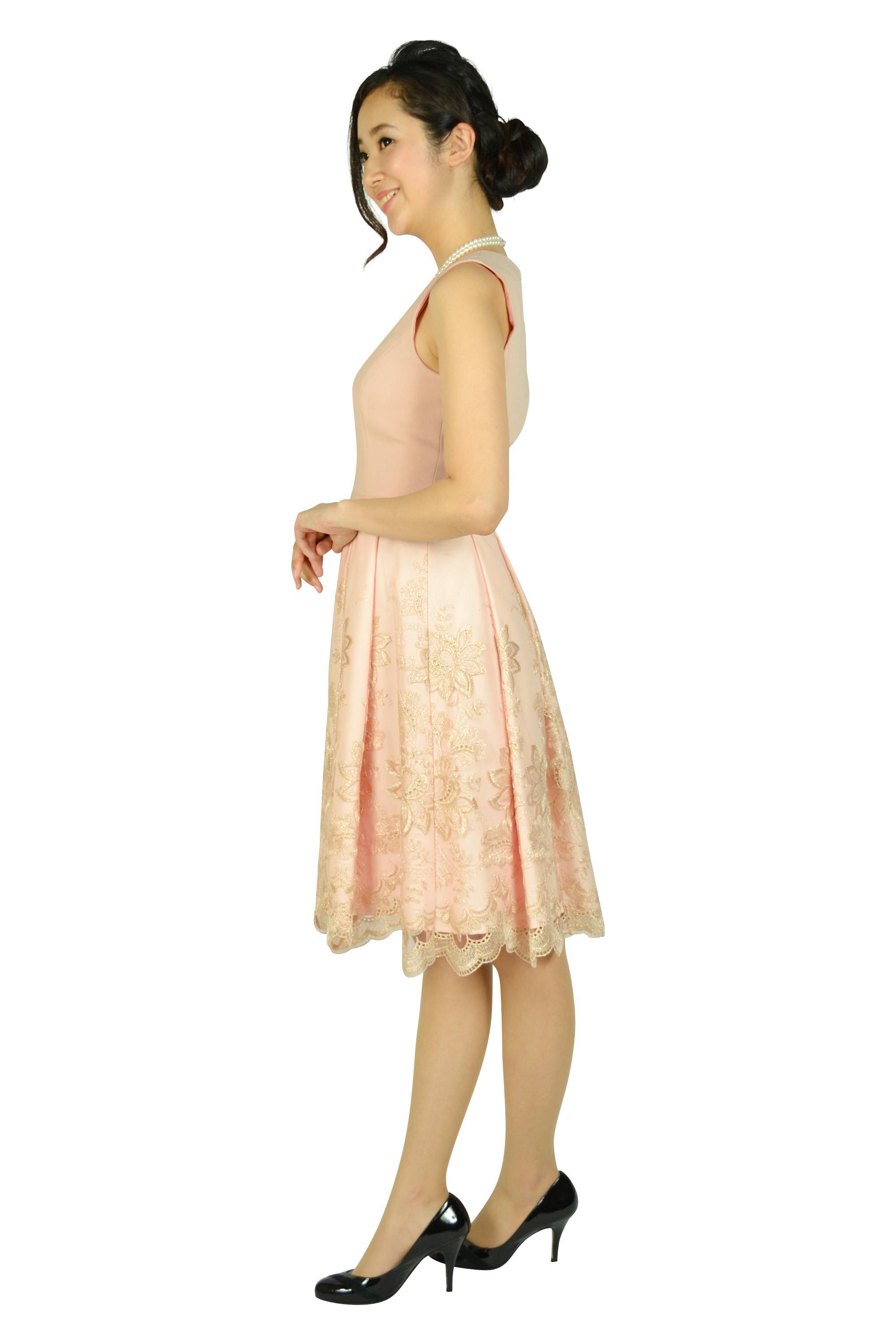 チュールスカラレースピンクベージュドレス