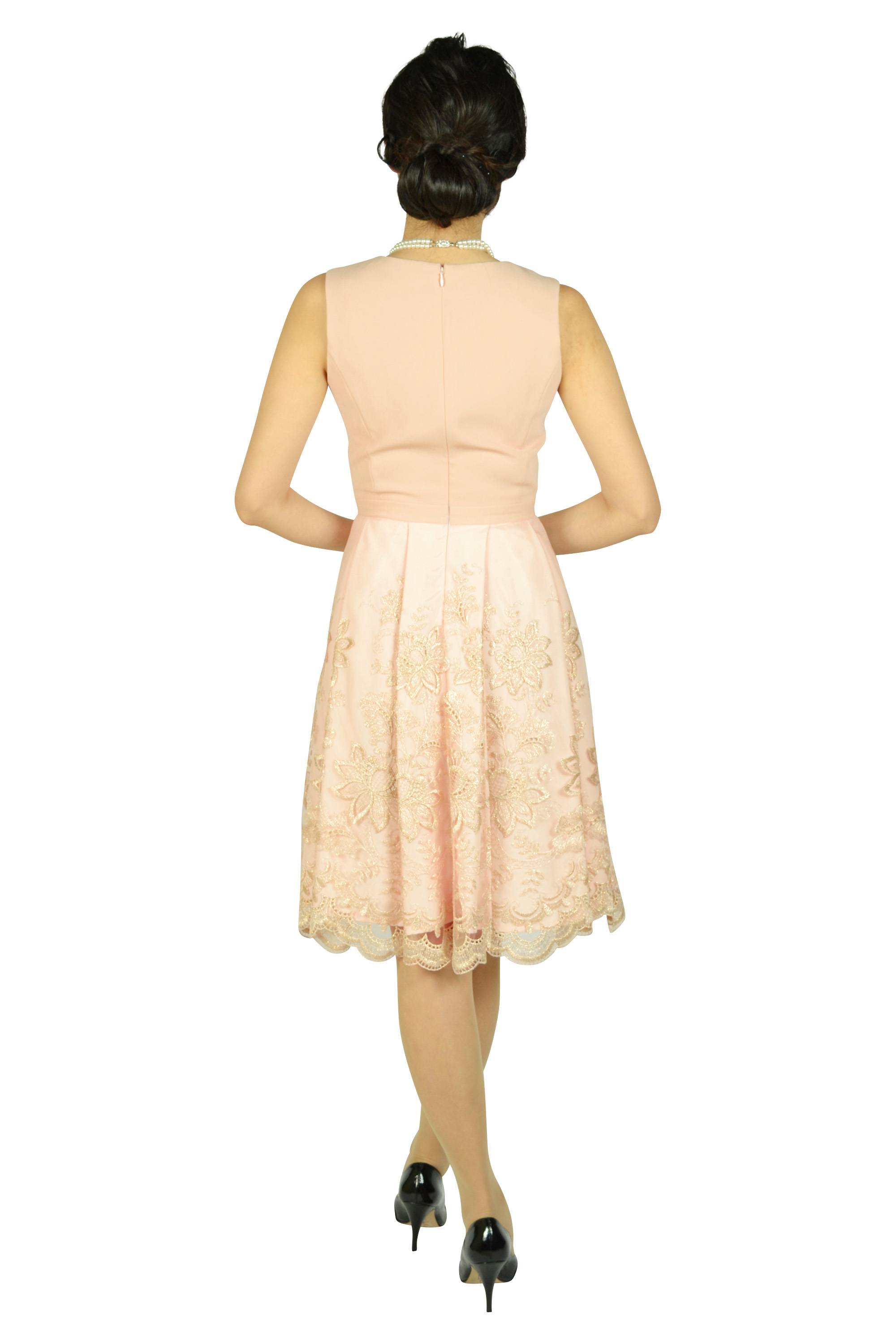 チュールスカラレースピンクベージュドレス