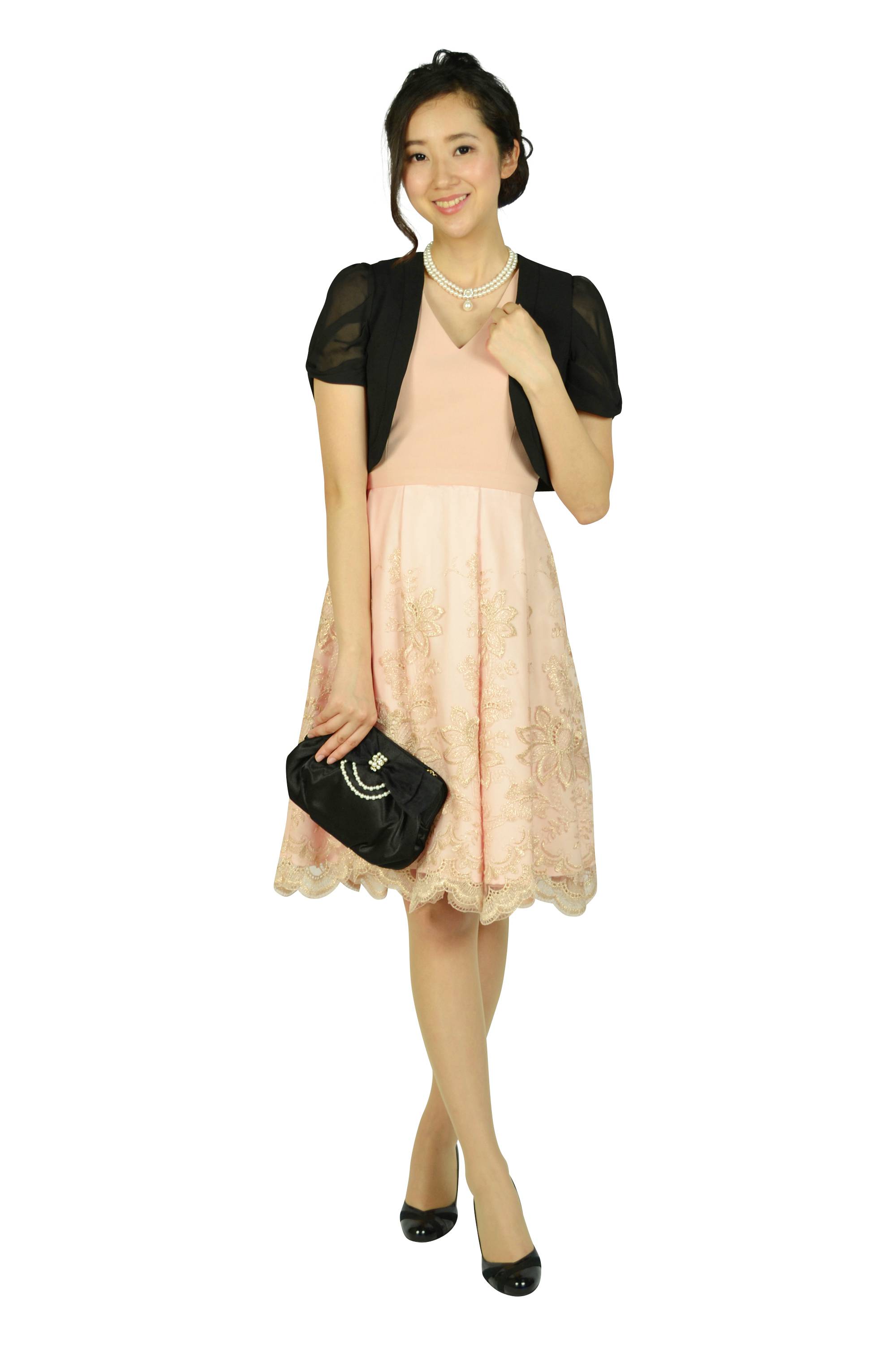 チュールスカラレースピンクベージュドレス