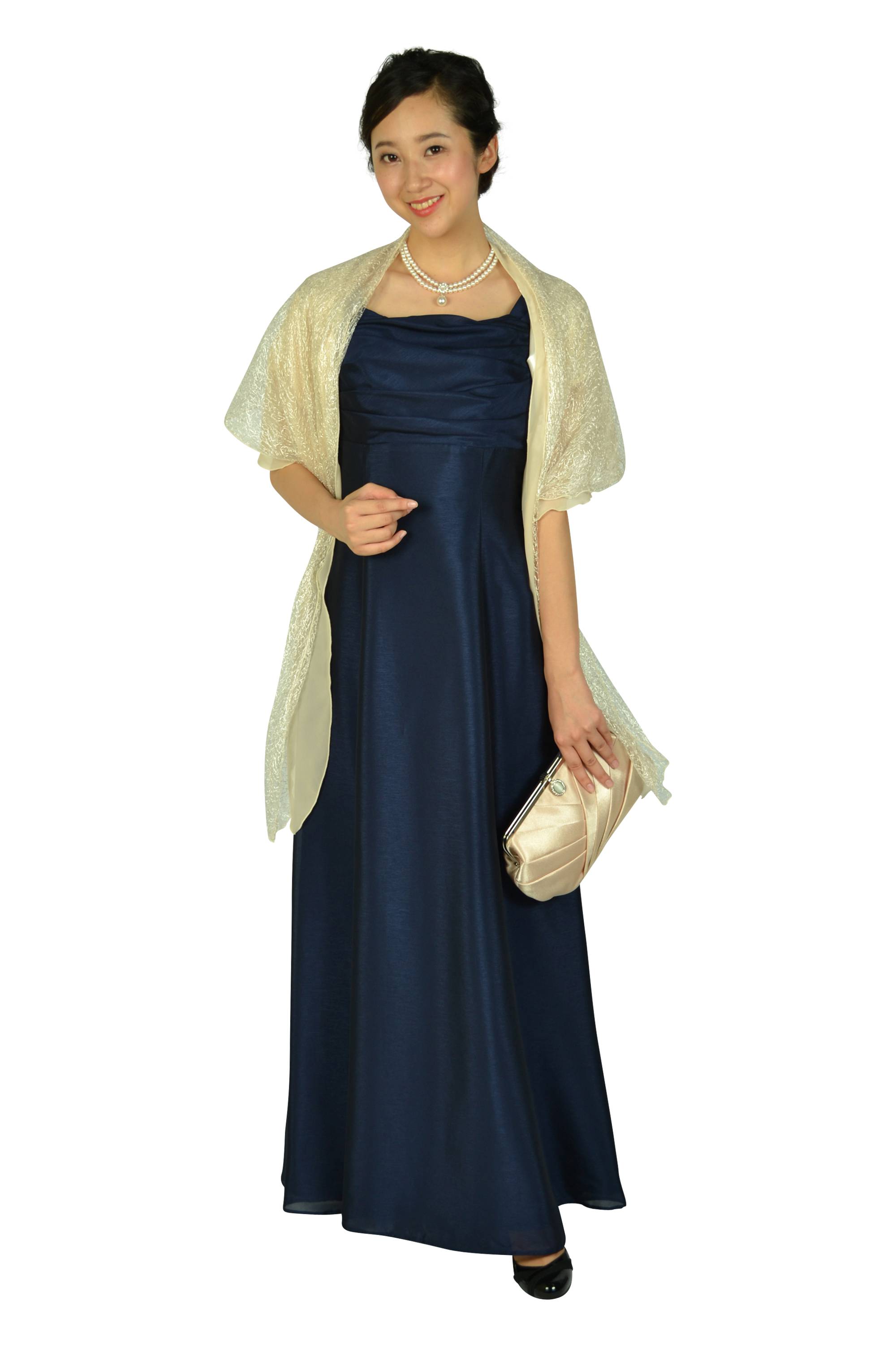 上品シャンタン編み上げネイビーロングドレス