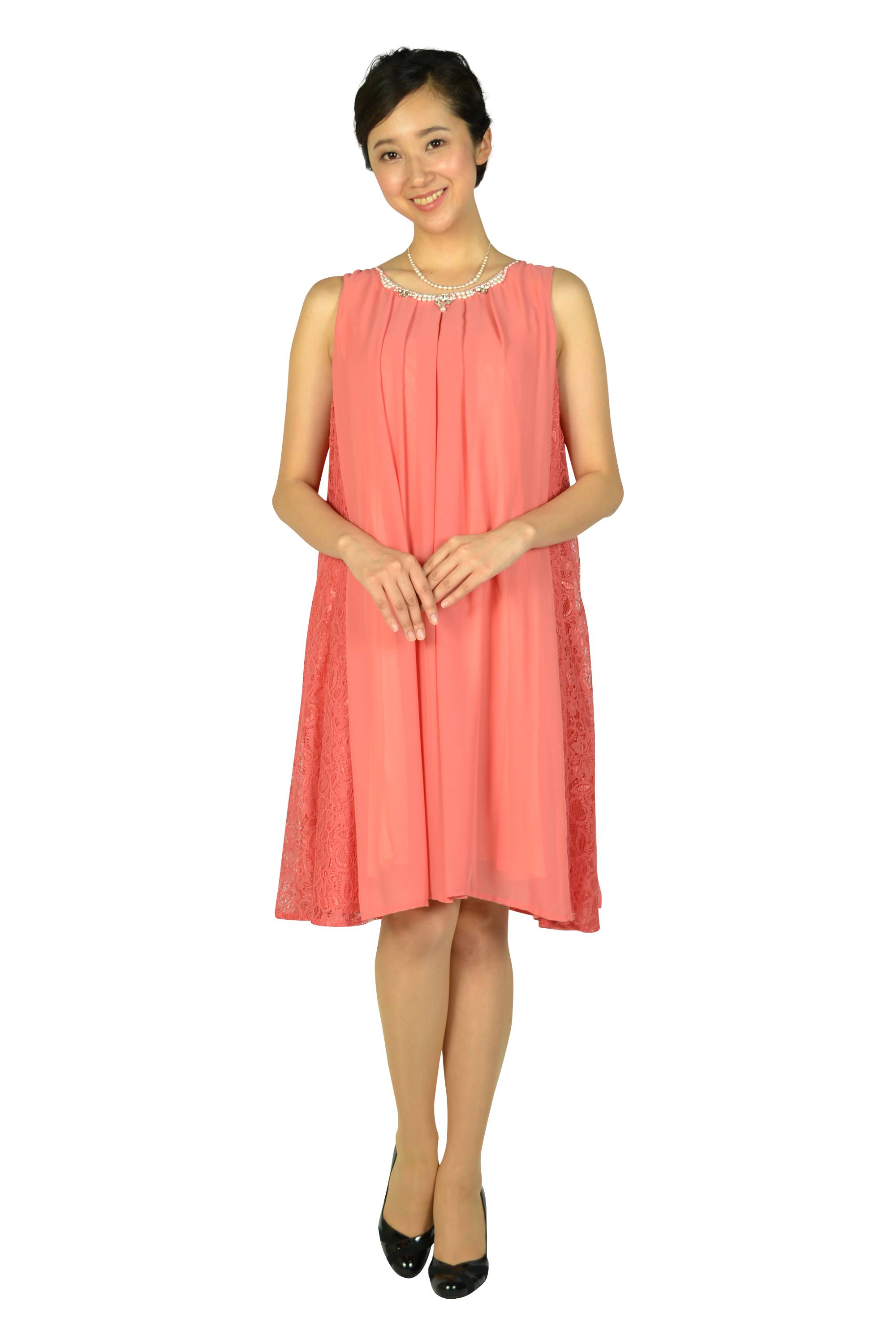 Aライン首元ビジュアプリコットピンクドレス