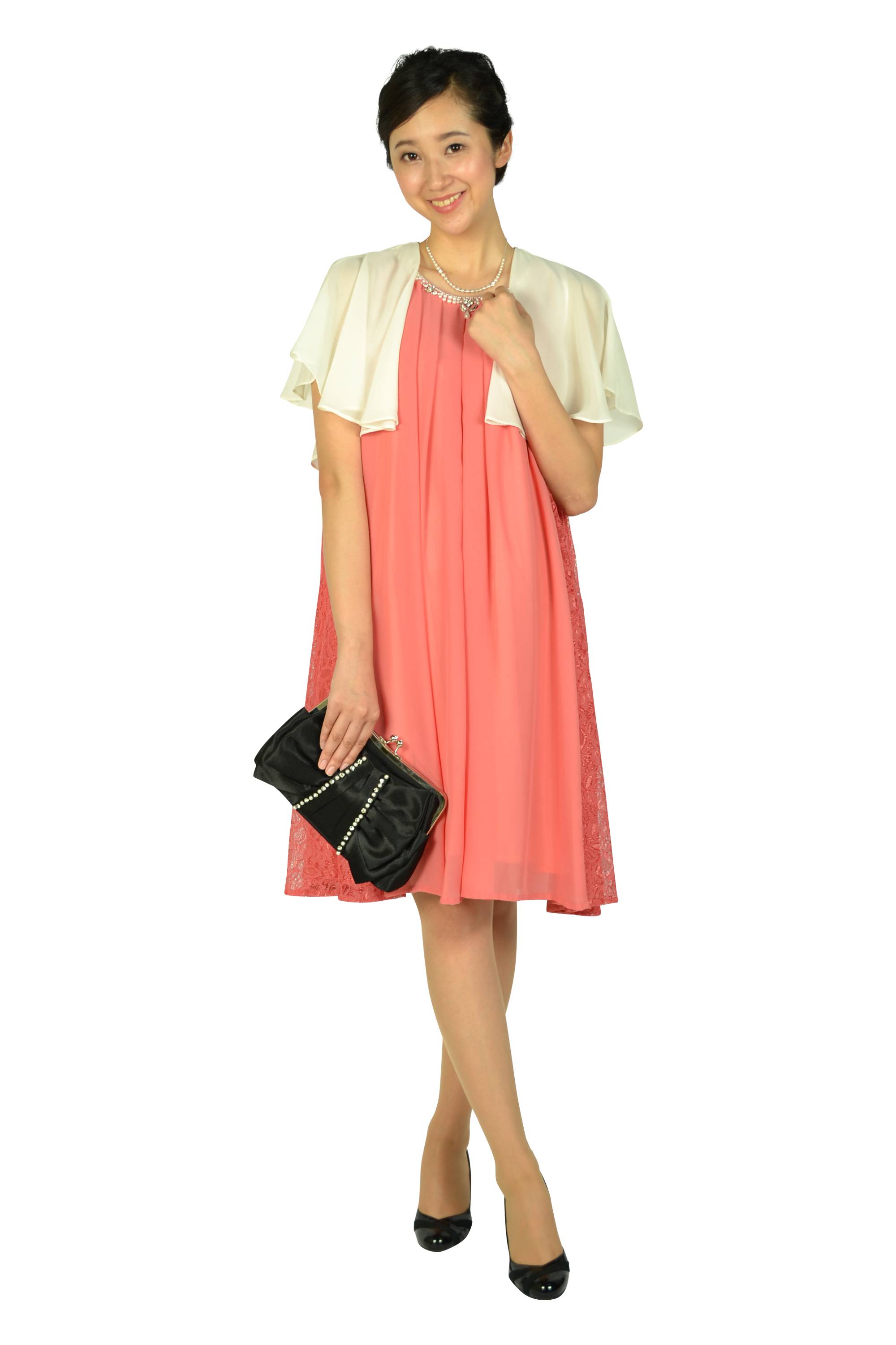 Aライン首元ビジュアプリコットピンクドレス