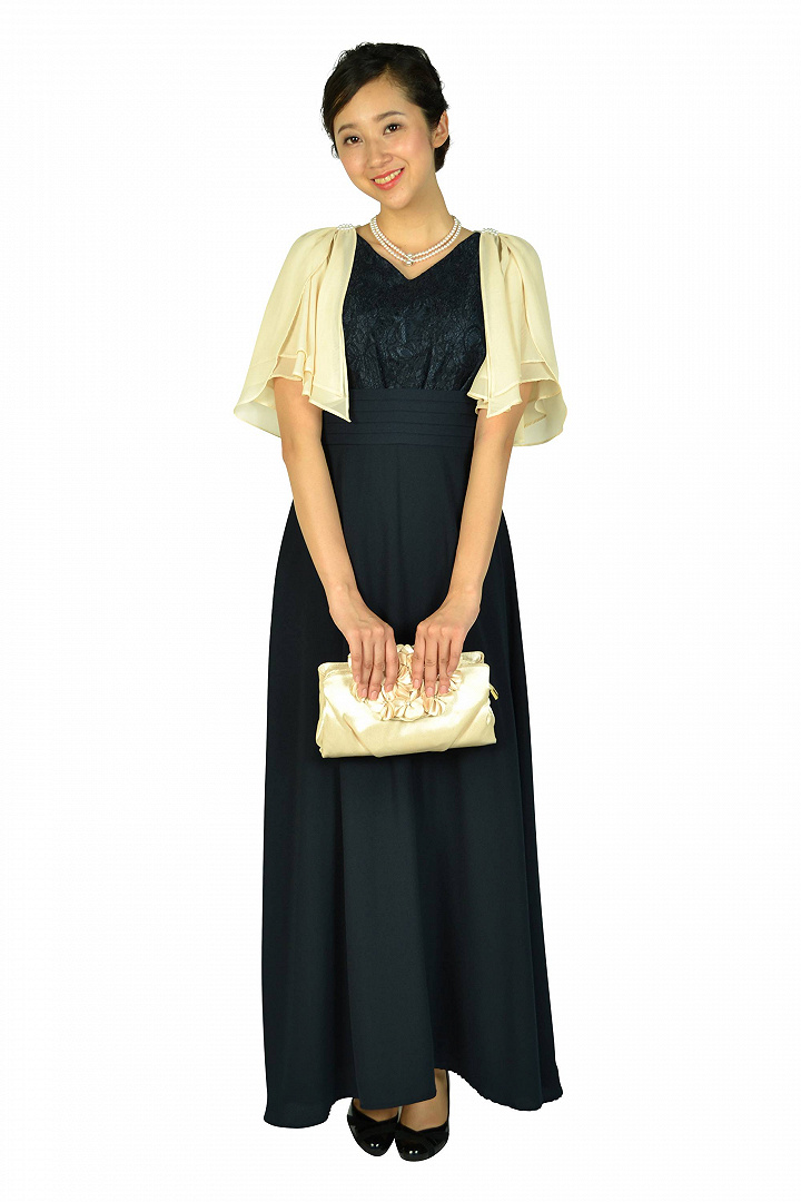 レース×ジョーゼットネイビーロングドレス