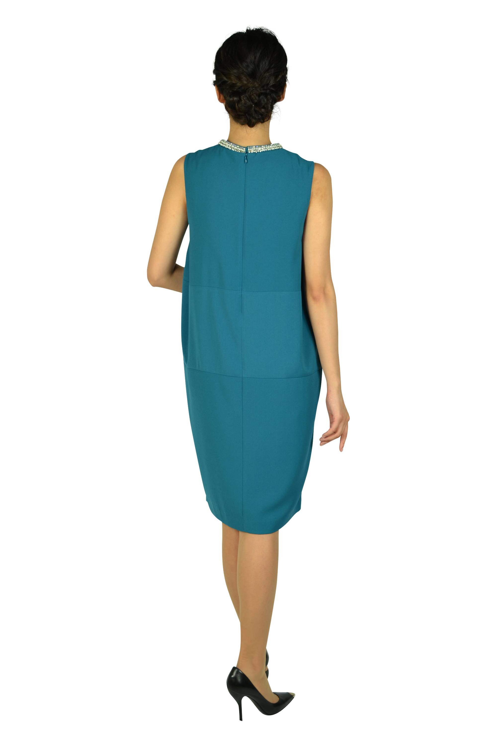 ボトルネックビジュブルーグリーンドレス