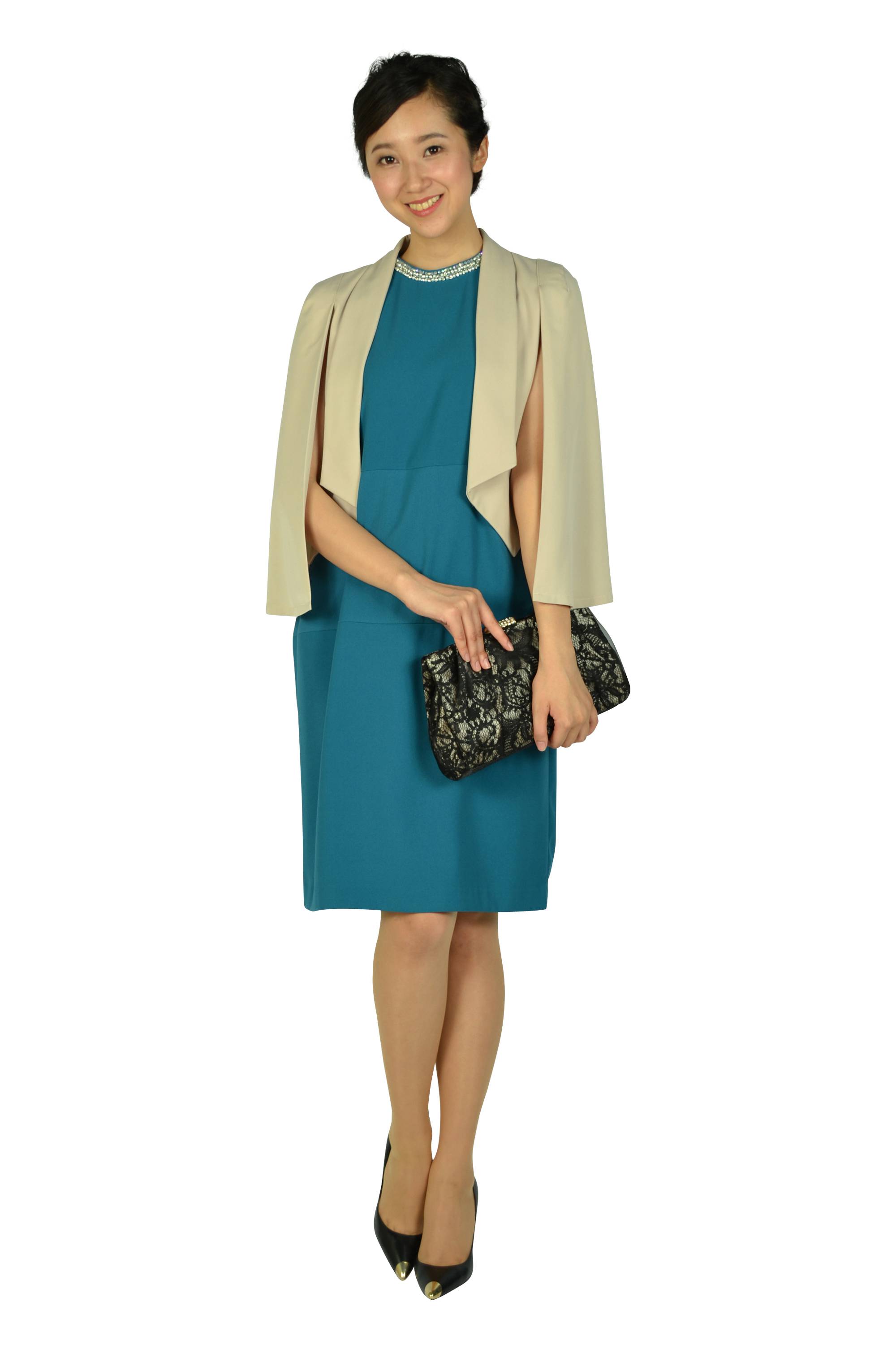 ボトルネックビジュブルーグリーンドレス