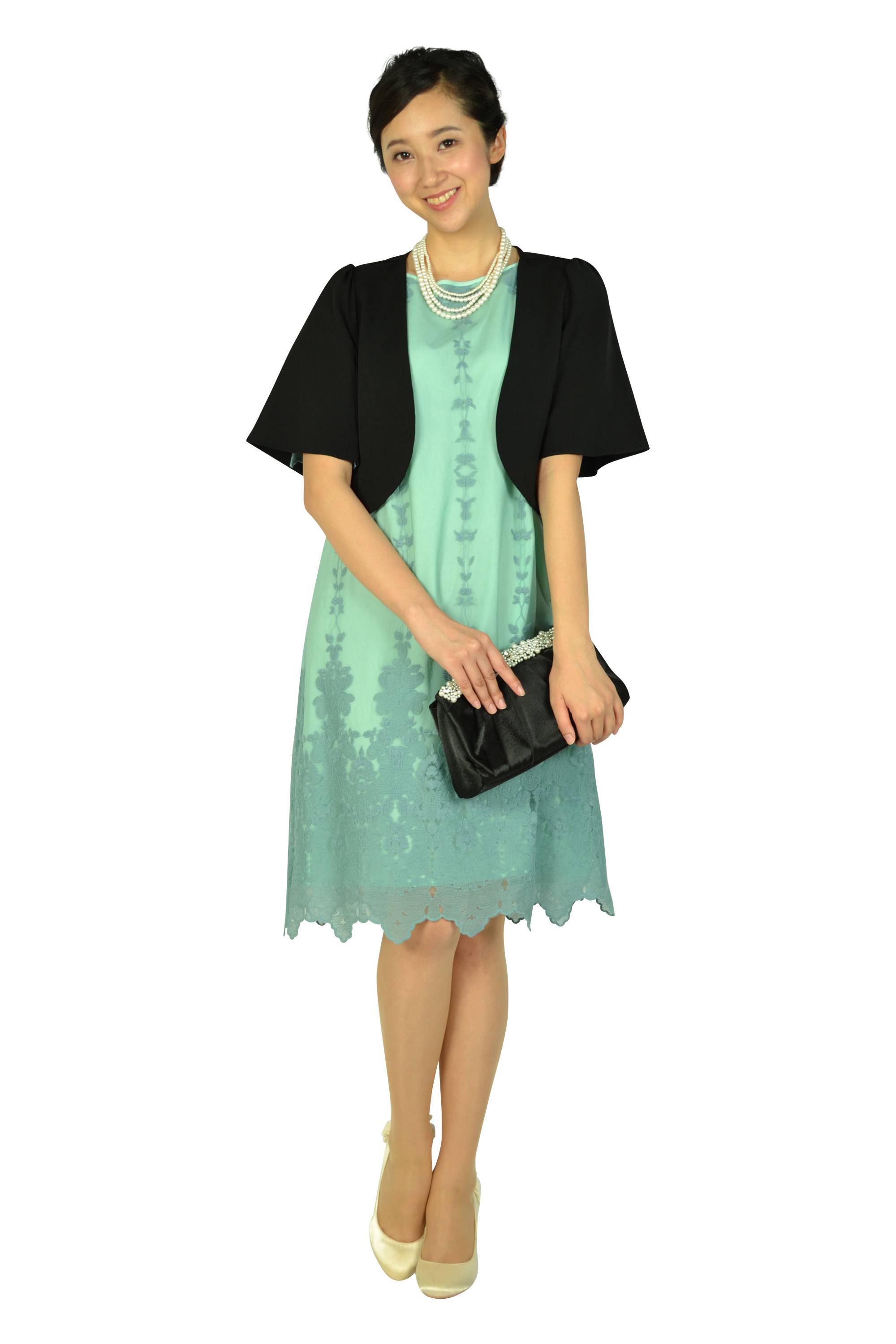 袖ありフラワー刺繍ミントグリーンドレス