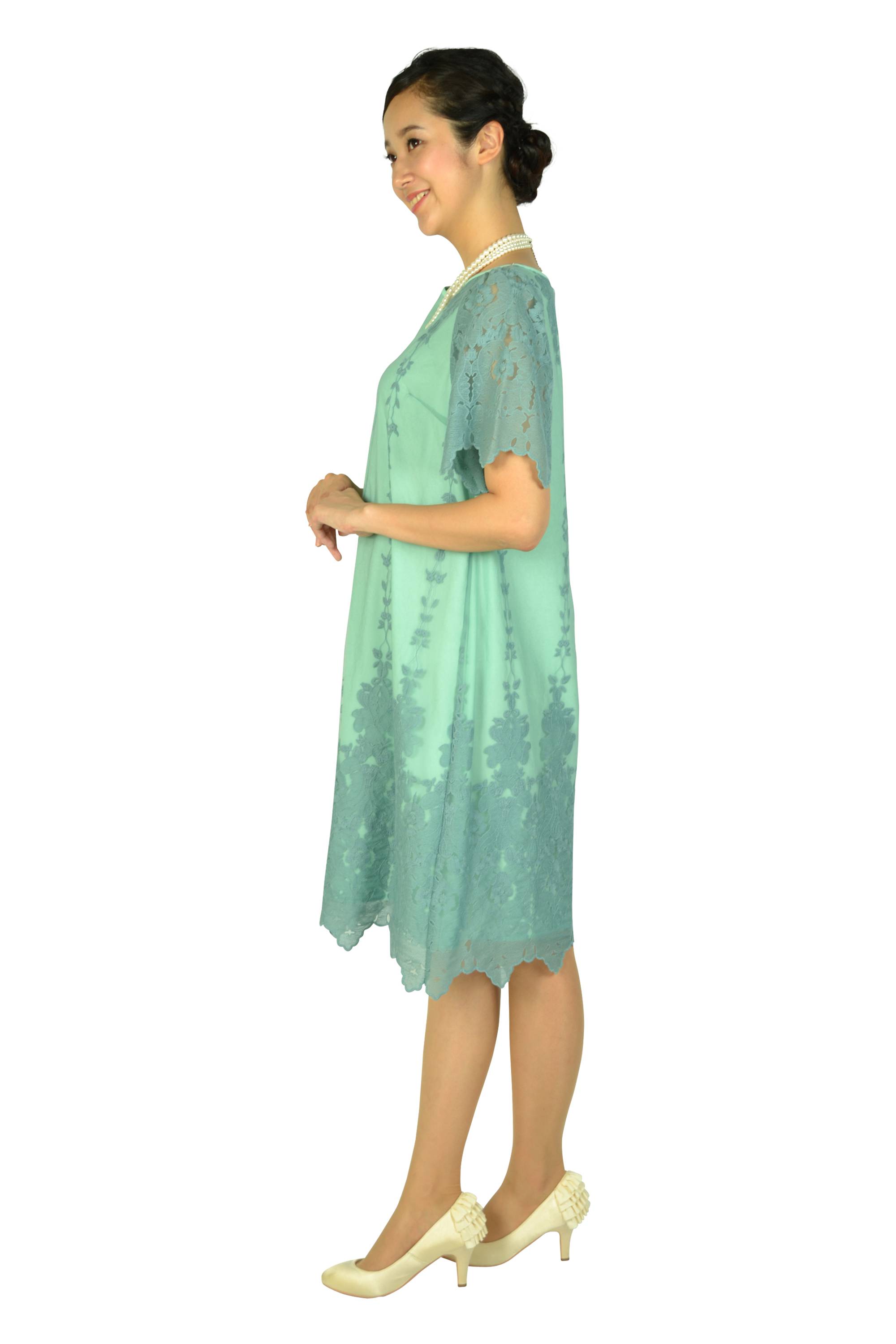 袖ありフラワー刺繍ミントグリーンドレス