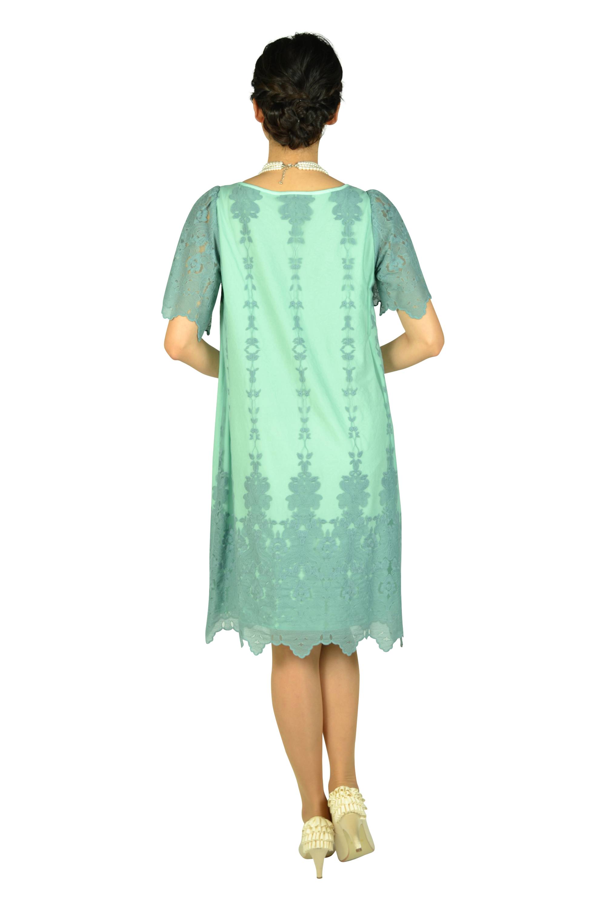 袖ありフラワー刺繍ミントグリーンドレス