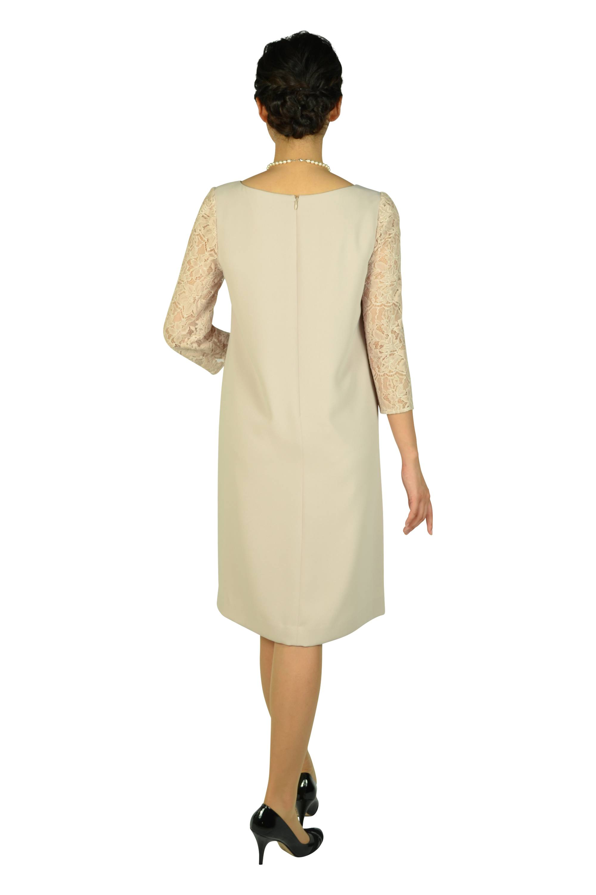 袖シースルーレースピンクベージュドレス