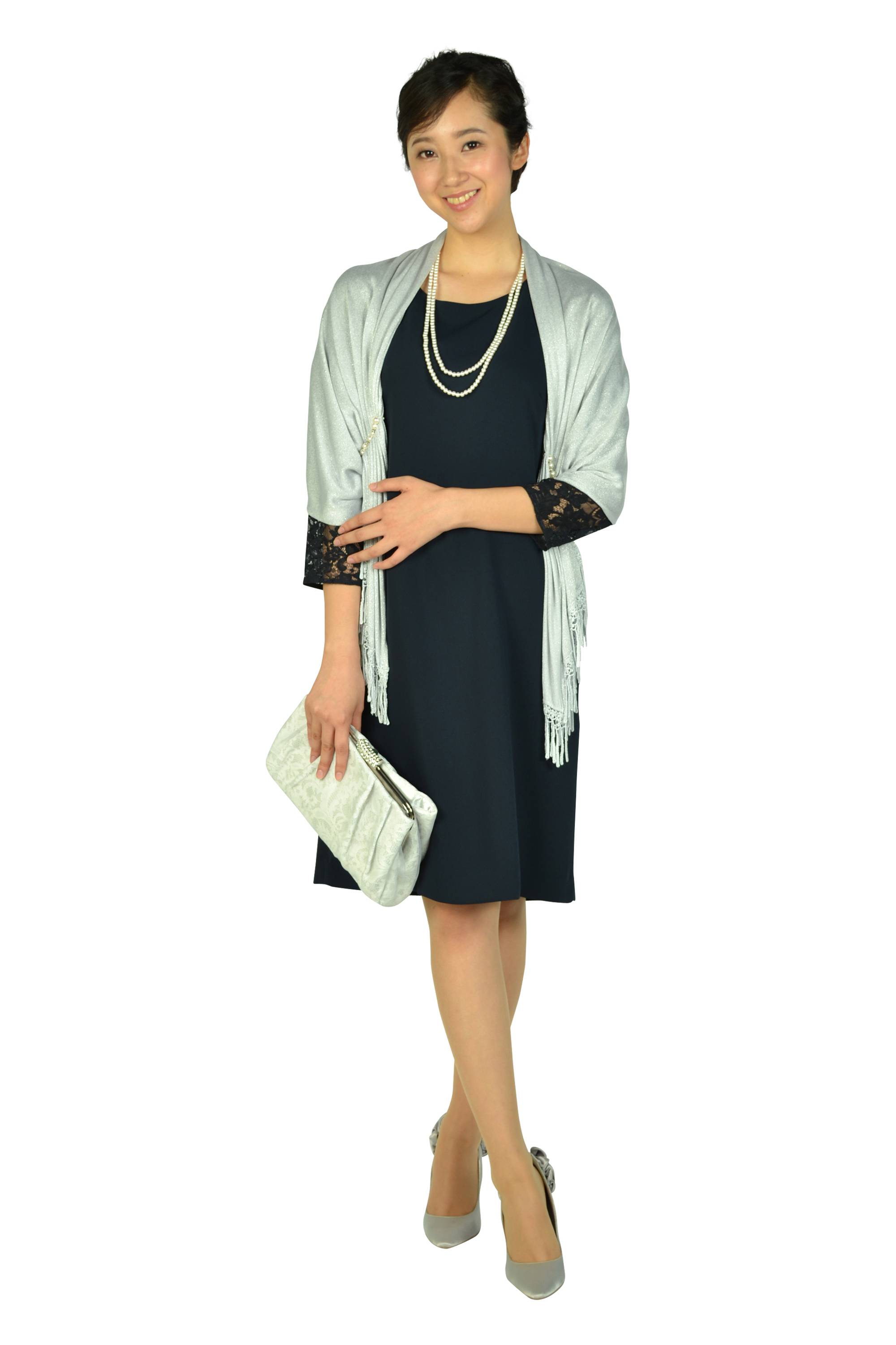 袖シースルーレースネイビードレス